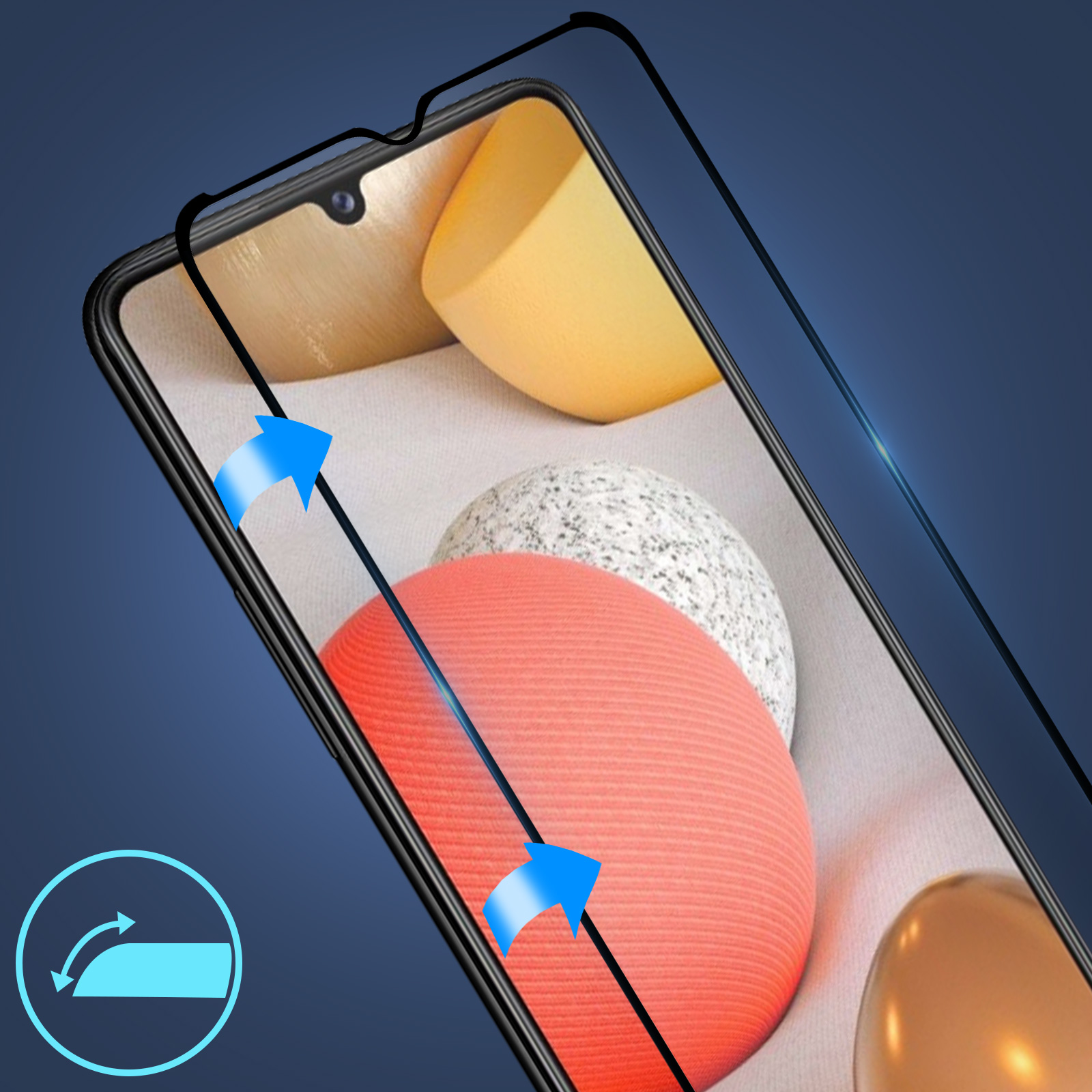 Protecteur d'écran sur un smartphone avec des flèches bleues indiquant l'application.