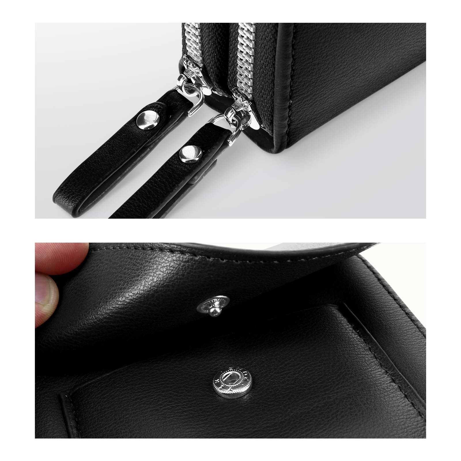 Schwarze Lederbrieftasche mit silbernen Reißverschlüssen und Riemen; Druckknopfverschluss innen.