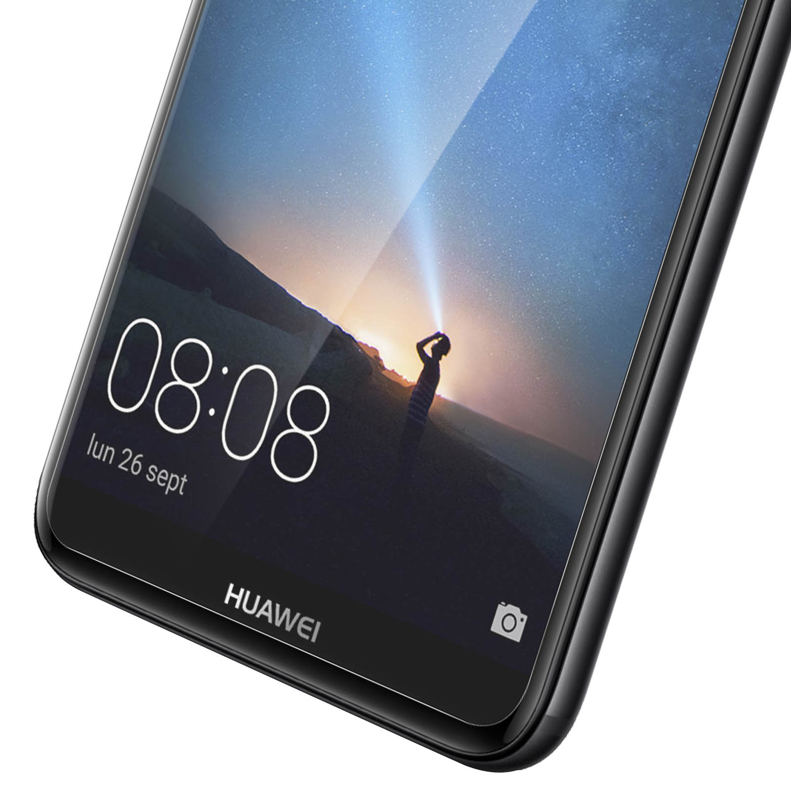 Un smartphone affiche 08:08 et un ciel étoilé avec une personne tenant une lampe de poche.