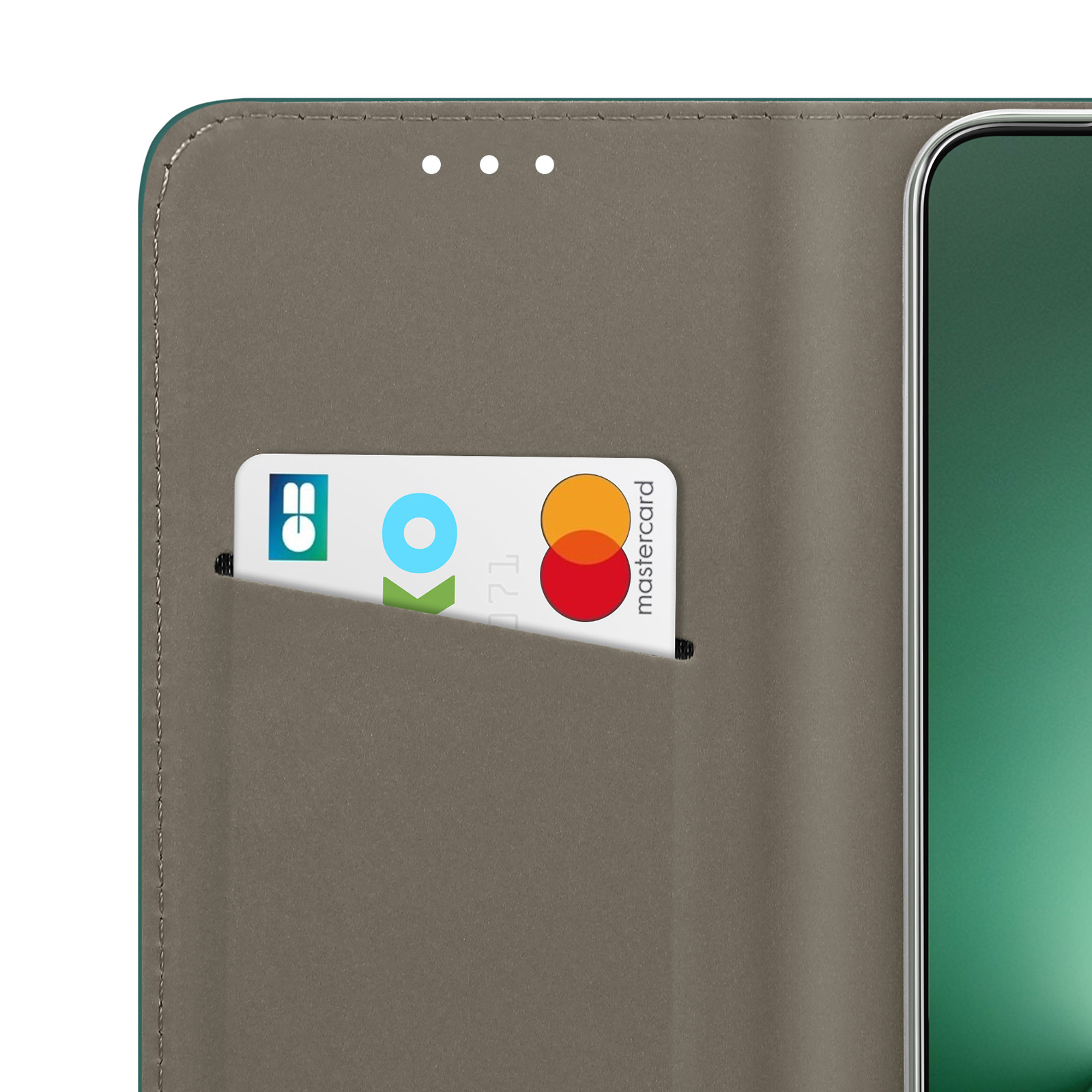 Eine Handyhülle mit Kartenfach zeigt eine Mastercard und ein Logo.