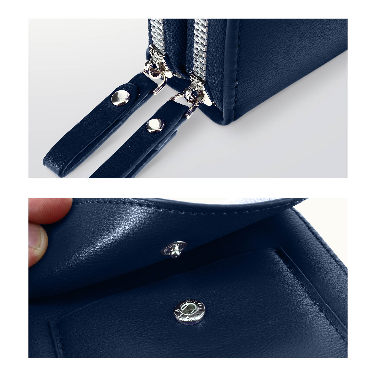 Nahaufnahme einer marineblauen Brieftasche mit Reißverschlüssen, Riemen und Druckknöpfen.