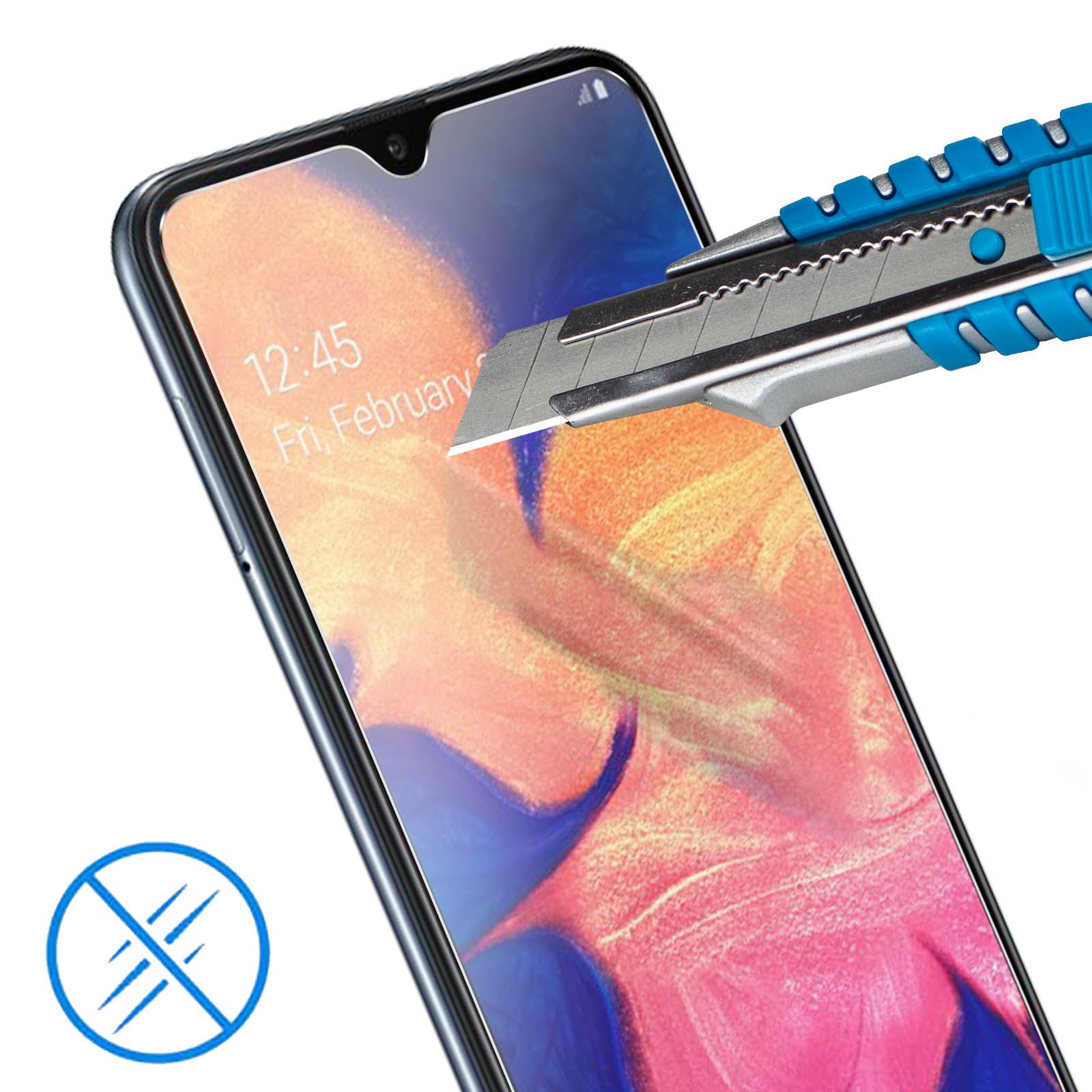 Een stanleymes snijdt over een smartphone-scherm met een beschermingssymbool.