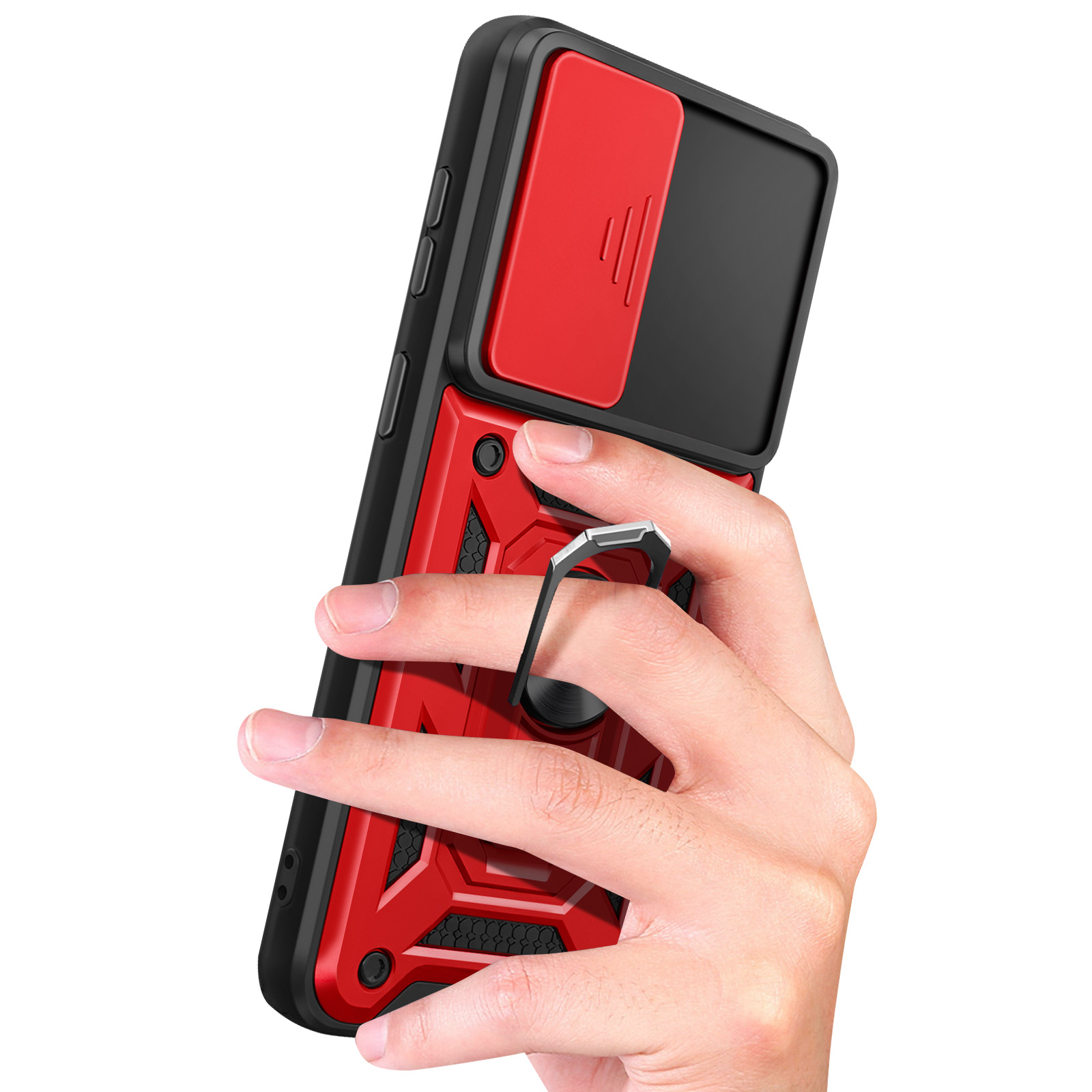 Een rood en zwart telefoonhoesje met ringhouder, vastgehouden door een hand.