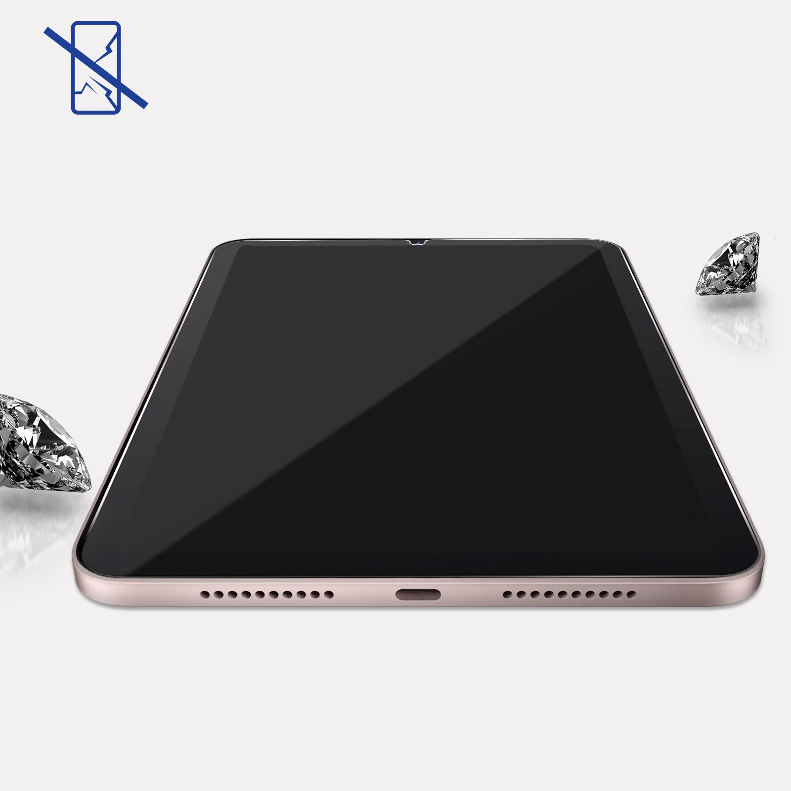 Un tablet con schermo scuro, fiancheggiato da diamanti. In alto a sinistra simbolo di resistenza.