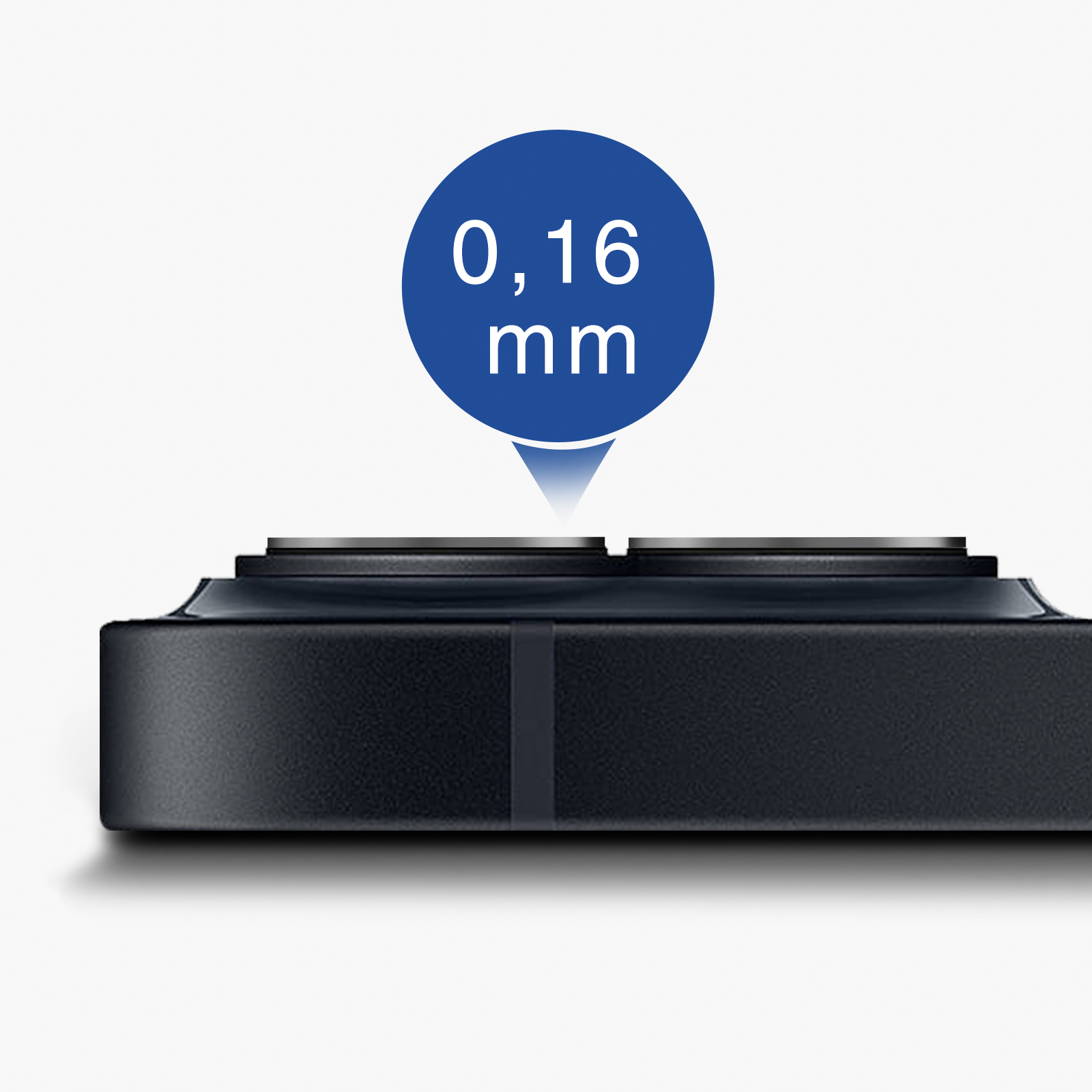 A blue circle reading 0.16 mm is shown above a black device.