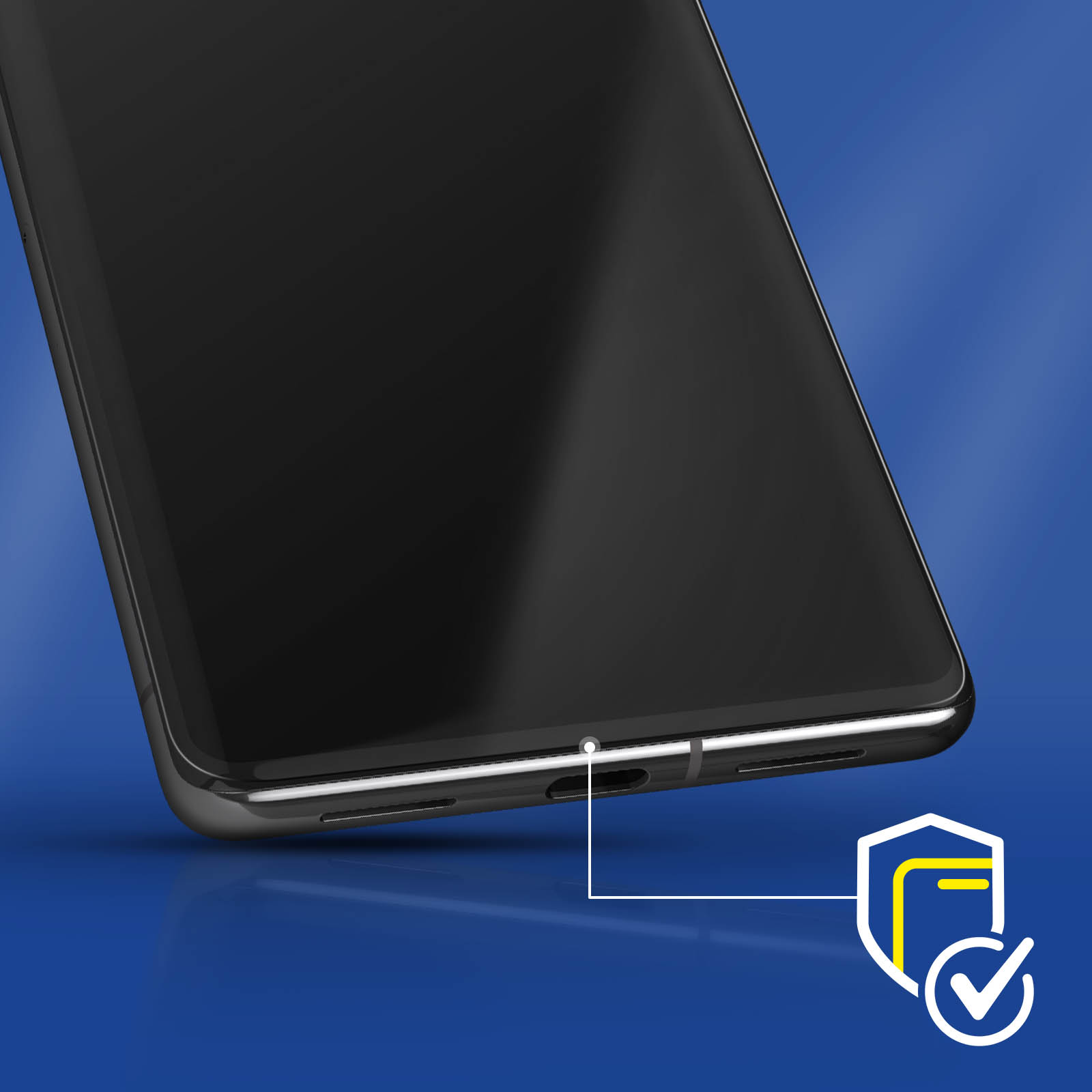 Gros plan d'un smartphone noir sur fond bleu avec une icône de bouclier et de coche.