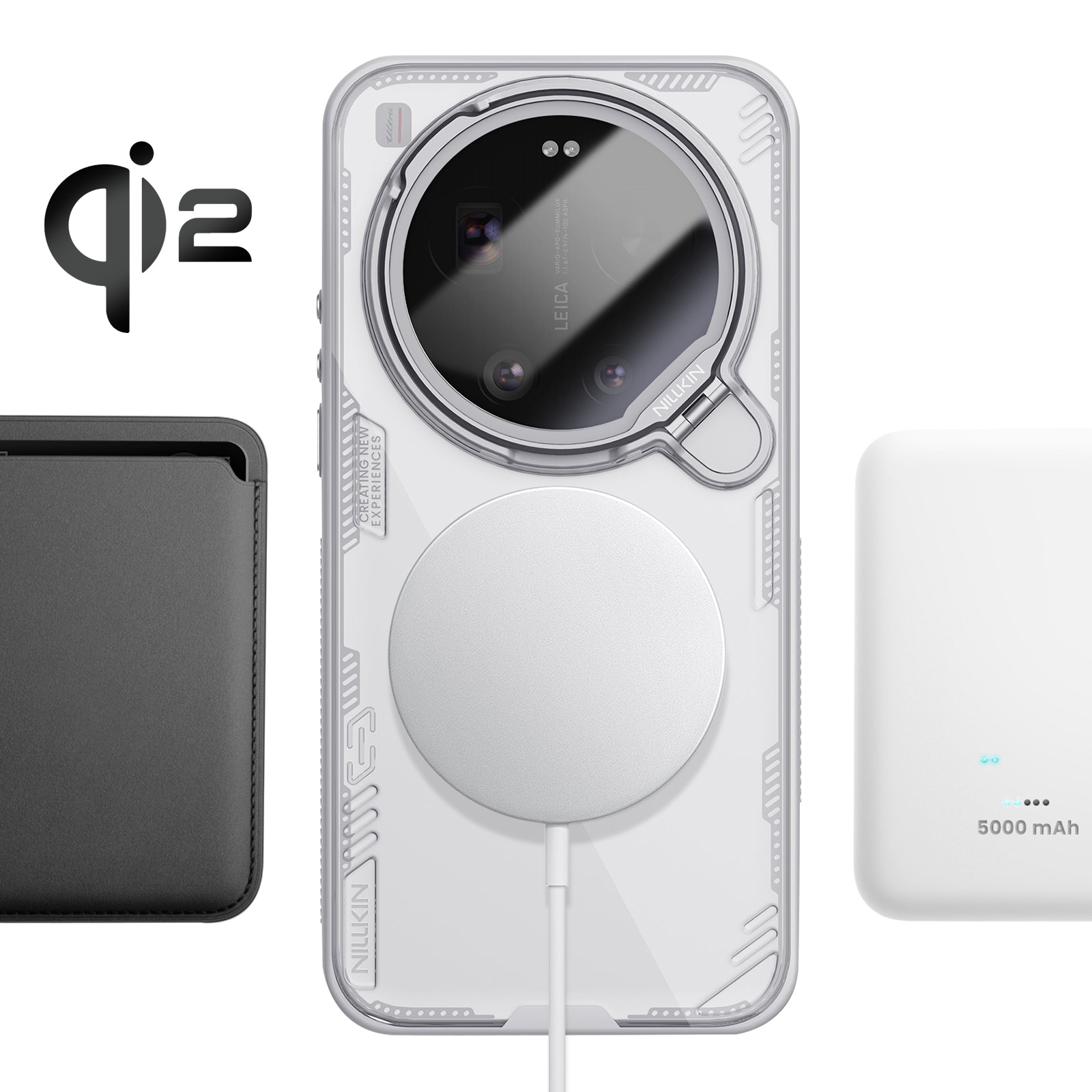 Une coque de smartphone avec appareil photo, logo Qi2, chargeur et porte-cartes.