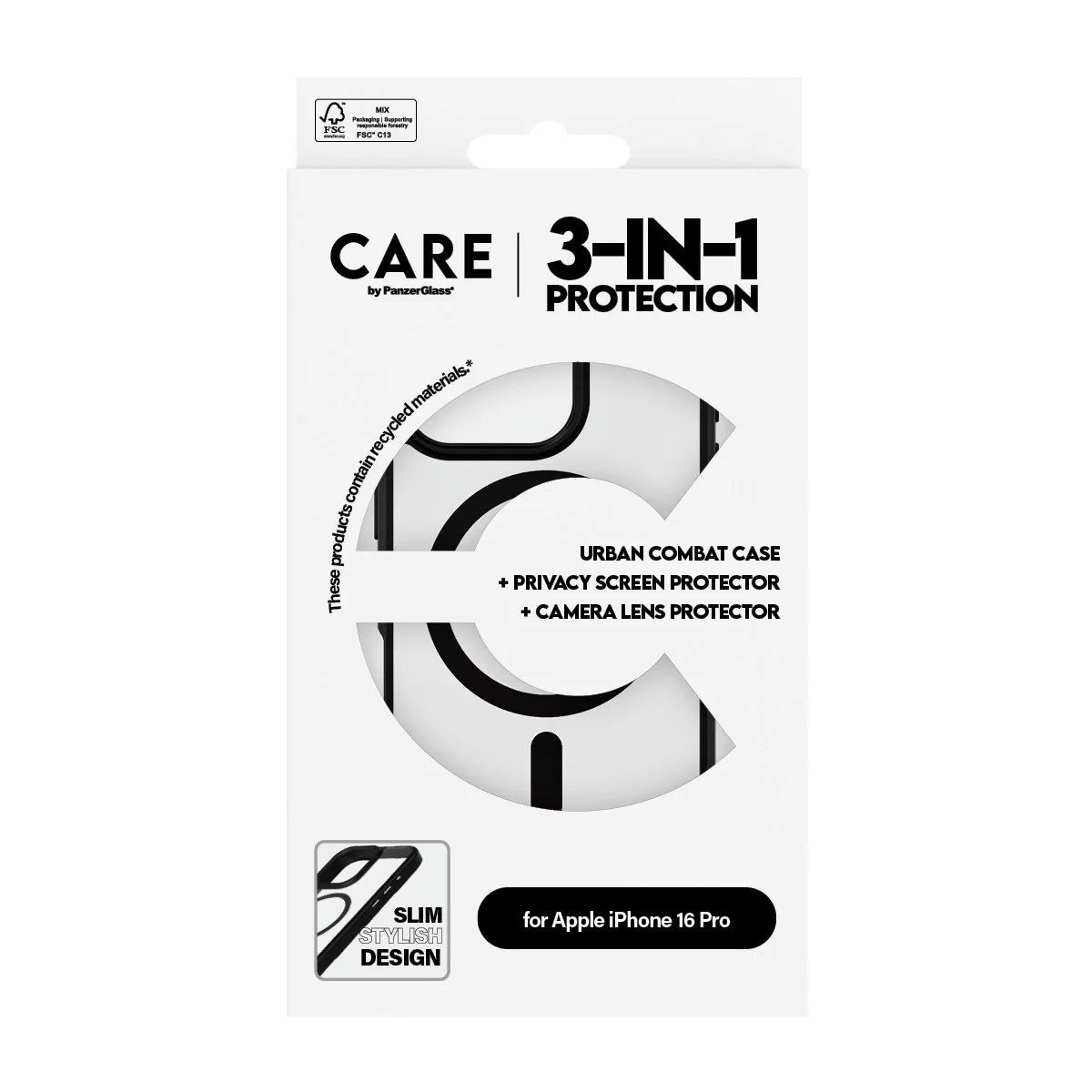 PanzerGlass CARE 3-IN-1 Koruma ambalajı Apple iPhone 16 Pro için.