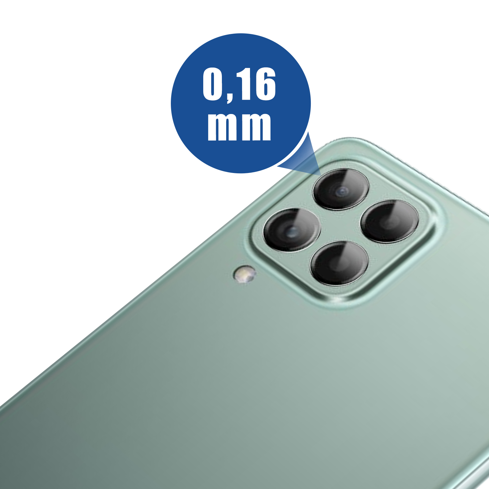 Retro di uno smartphone verde con quattro fotocamere e una lente d'ingrandimento che mostra 0,16 mm.