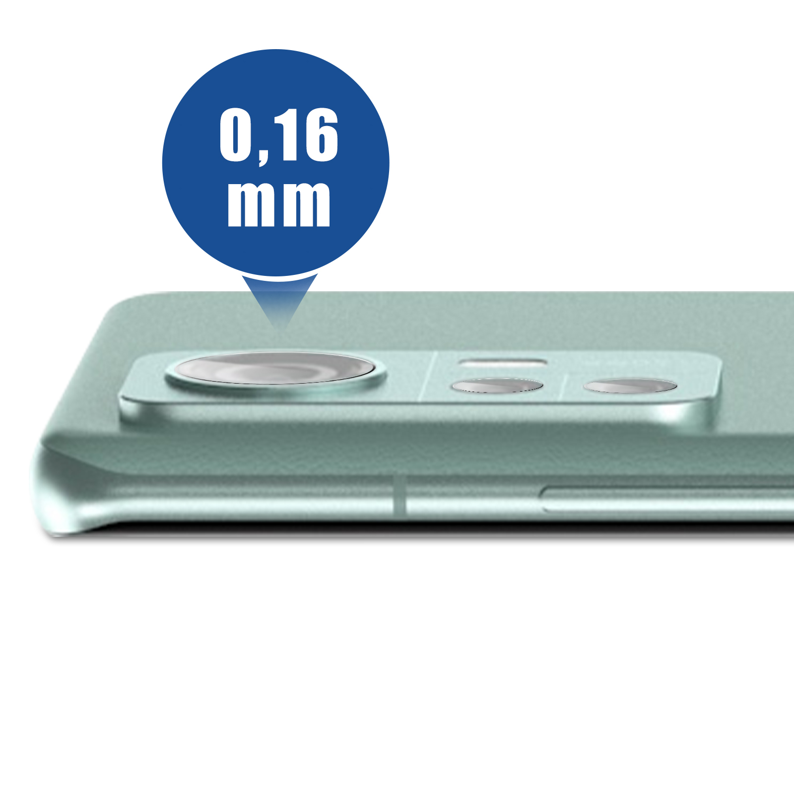 Primo piano di una fotocamera di un telefono con un indicatore di 0,16 mm.