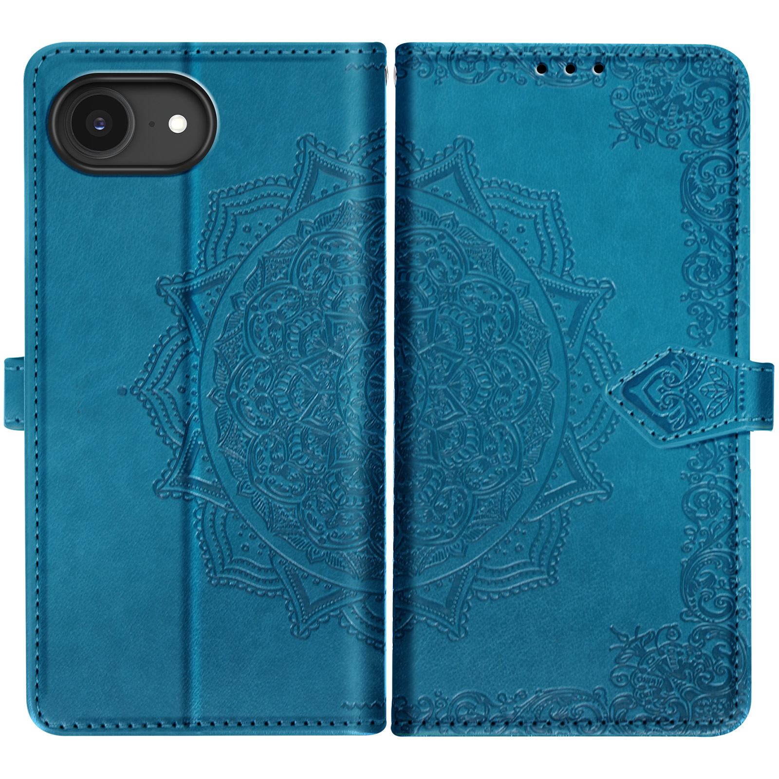 Blauw telefoonhoesje met reliëf mandala, open, met cameragedeelte.