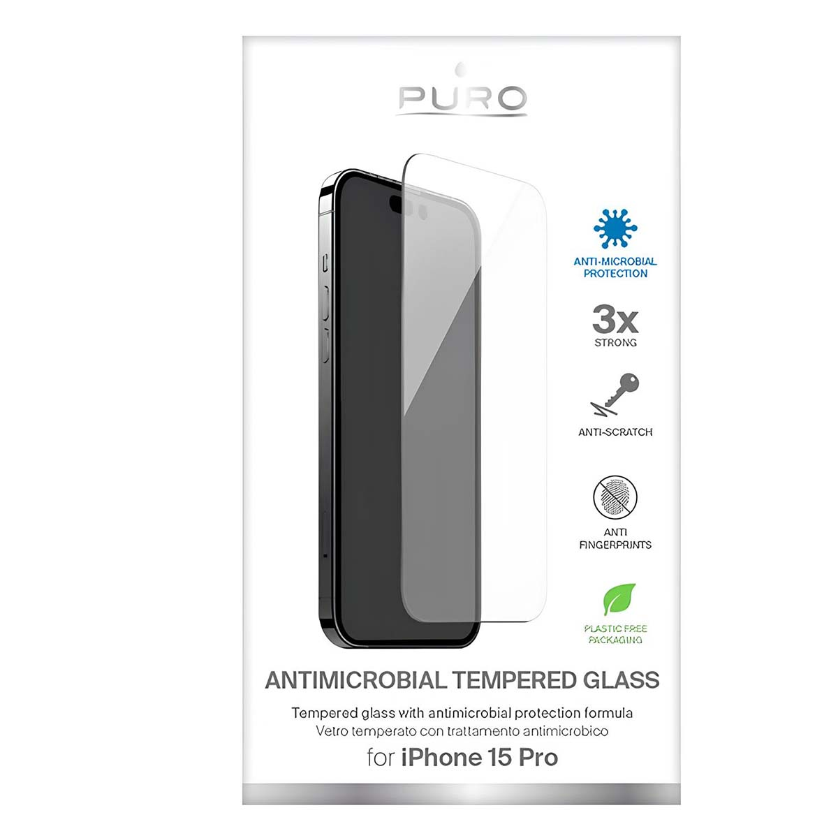 Verpakking Puro antimicrobiële screenprotector van gehard glas voor iPhone 15 Pro.