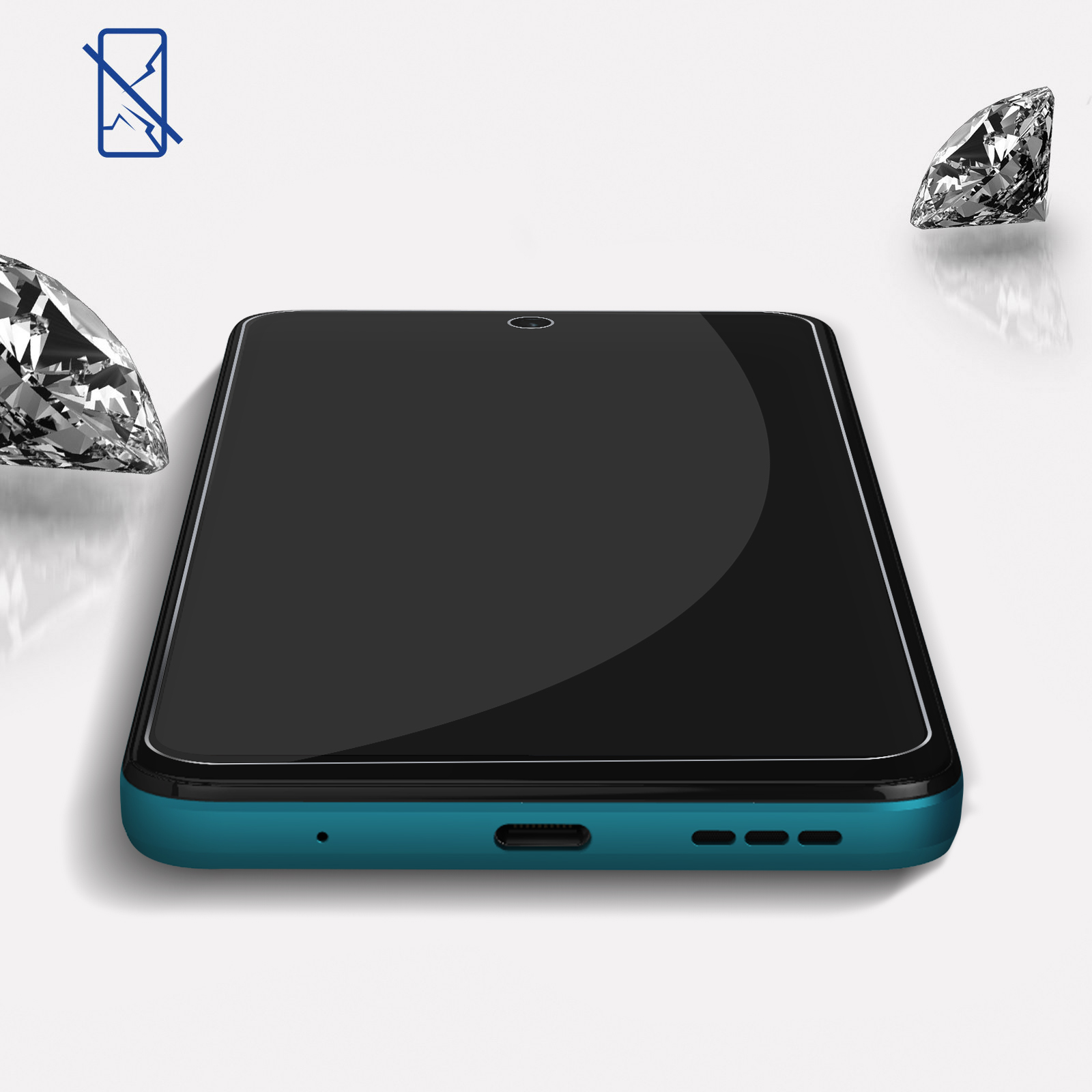 Uno smartphone con cornice blu e tre diamanti accanto.