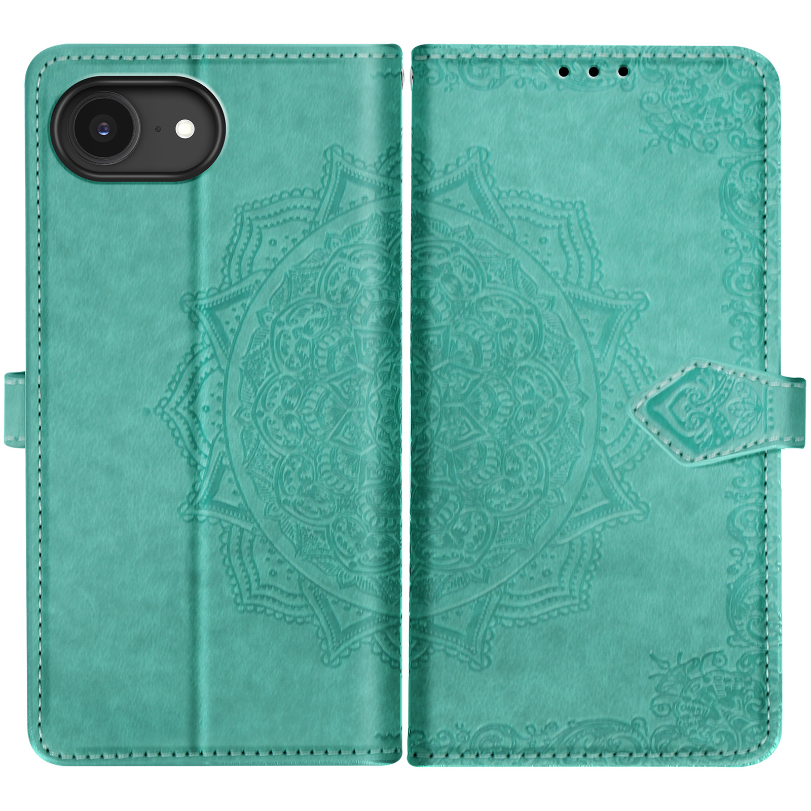 Étui de téléphone à rabat turquoise avec motif mandala en relief, ouvert.