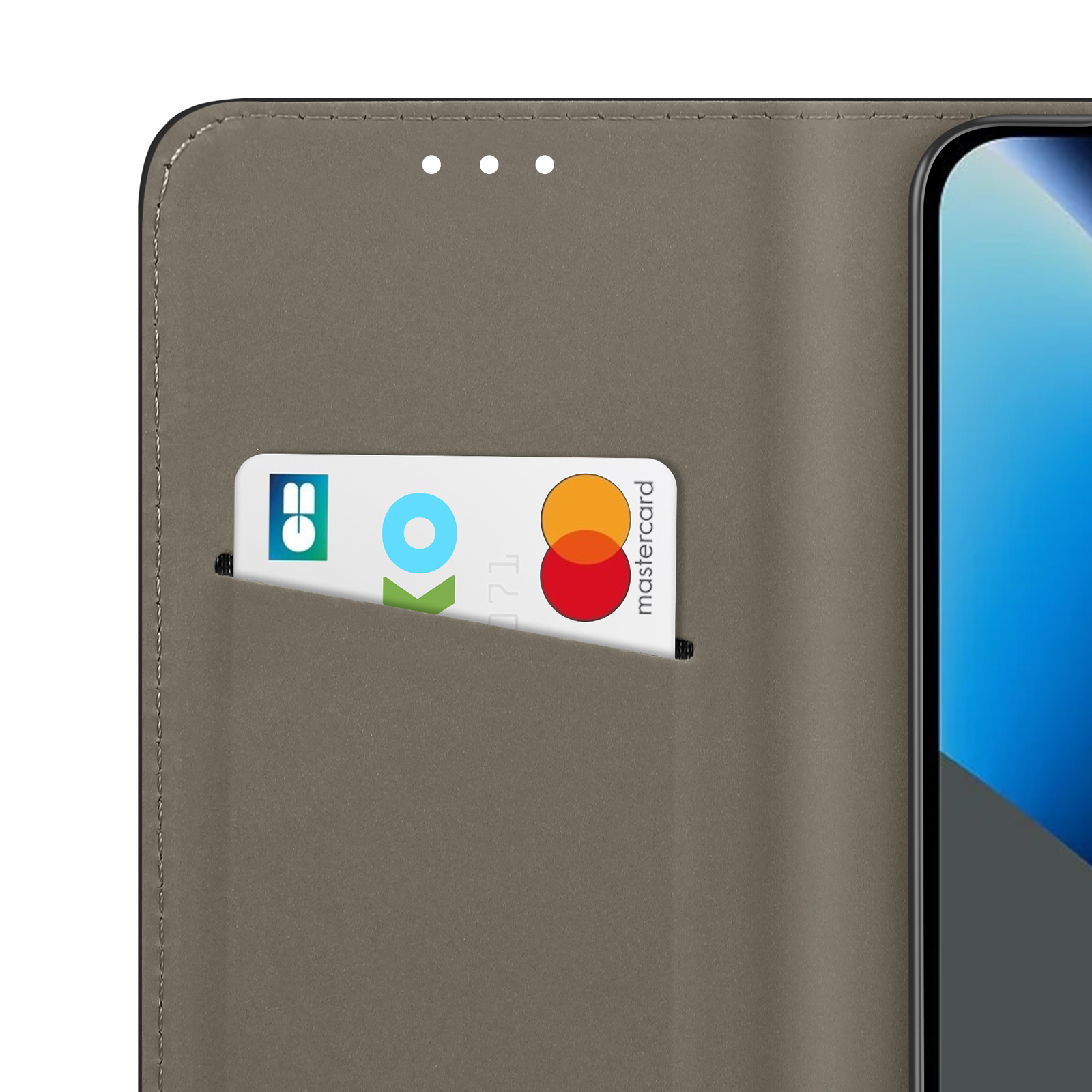 Custodia grigia per telefono con porta carte. Mastercard visibile.