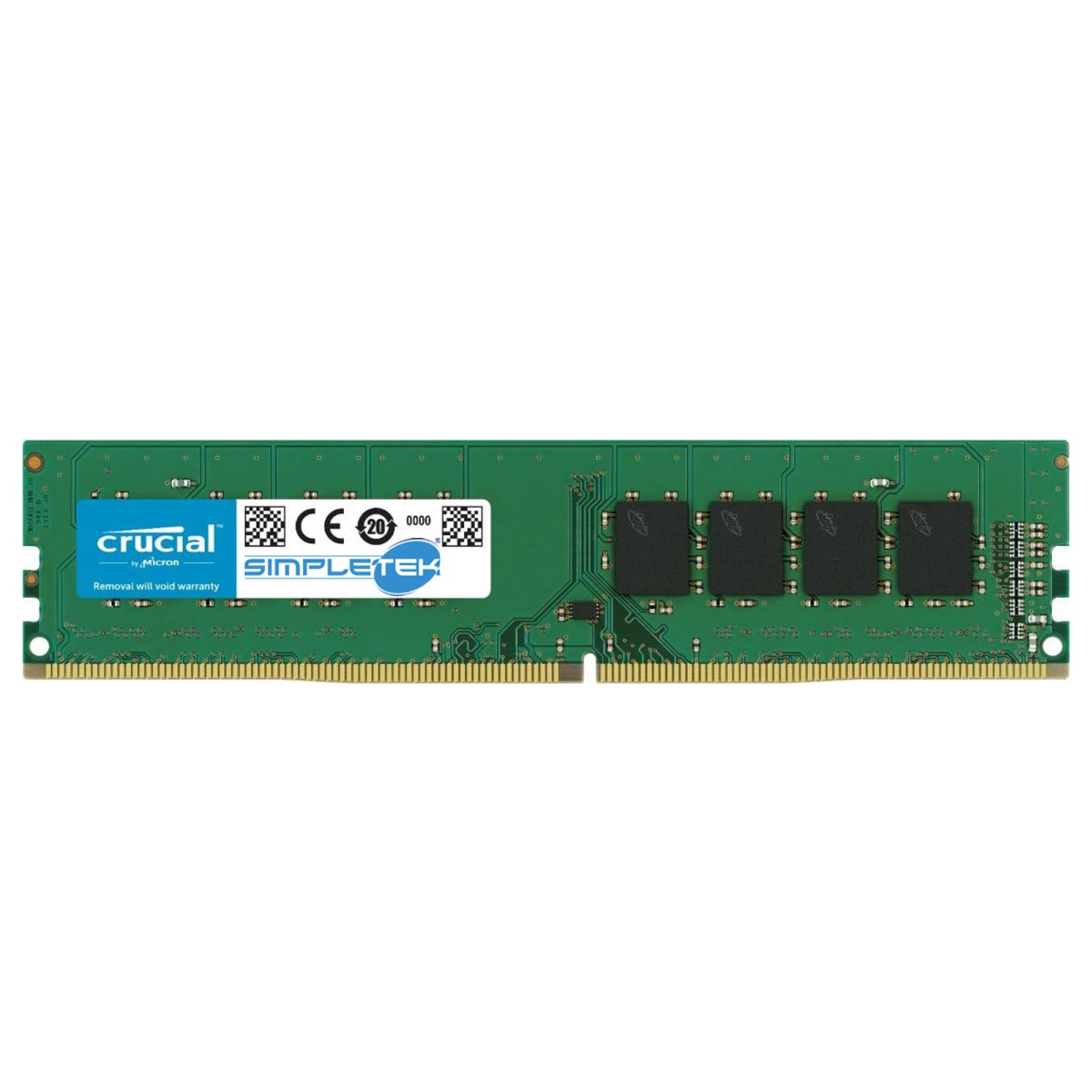 Grünes RAM-Modul mit Crucial-Logo, CE-Zeichen und vier schwarzen Chips.