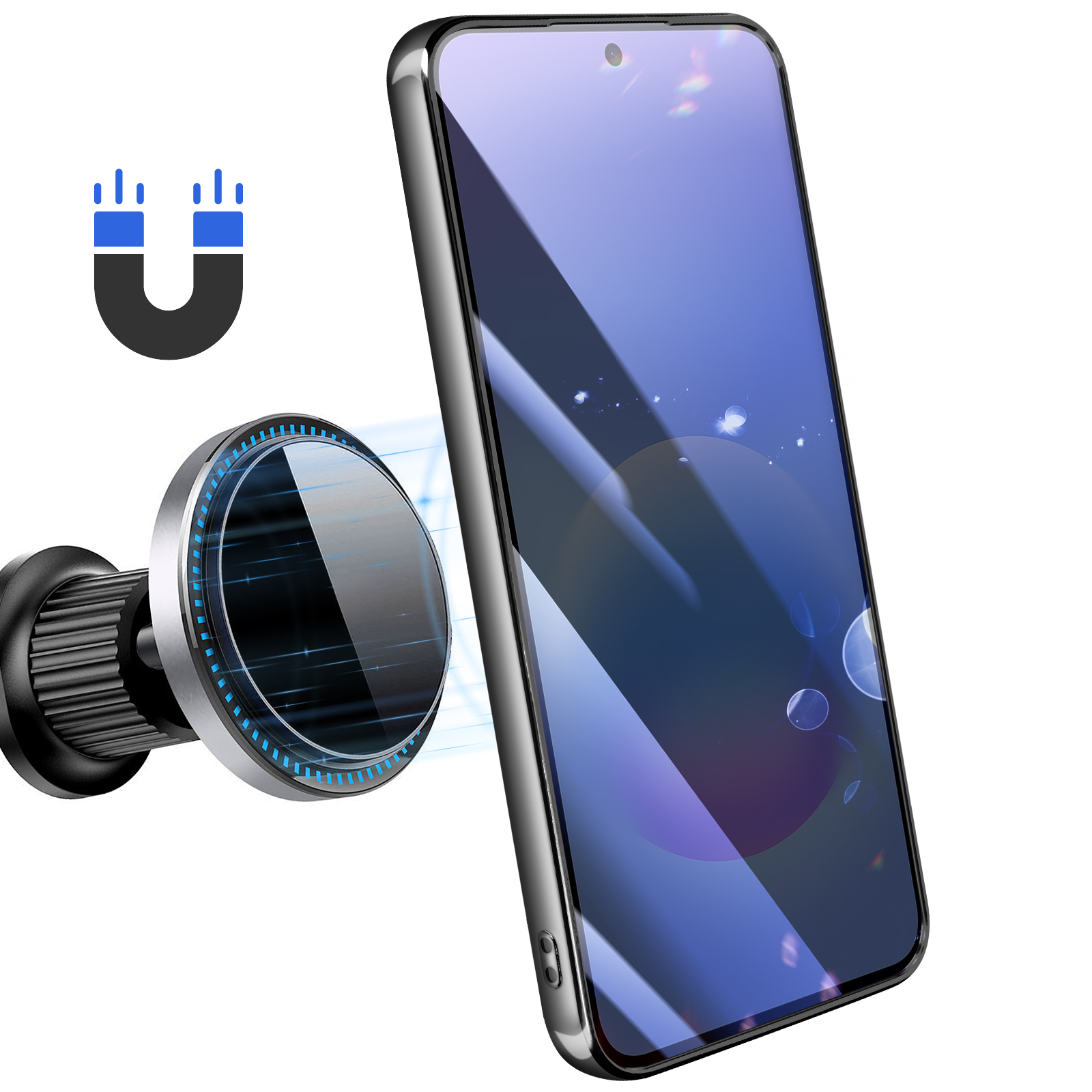 Een smartphone wordt vastgehouden door een magnetische autohouder. Een magneeticoon is zichtbaar.