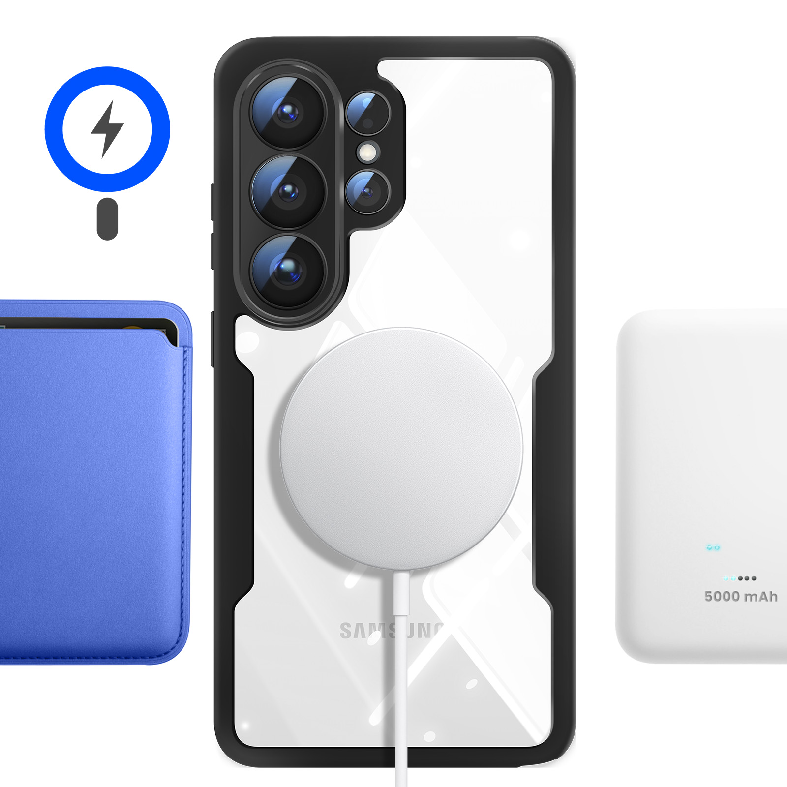 Uno smartphone con fotocamere, una custodia blu, un caricabatterie e un indicatore di carica.
