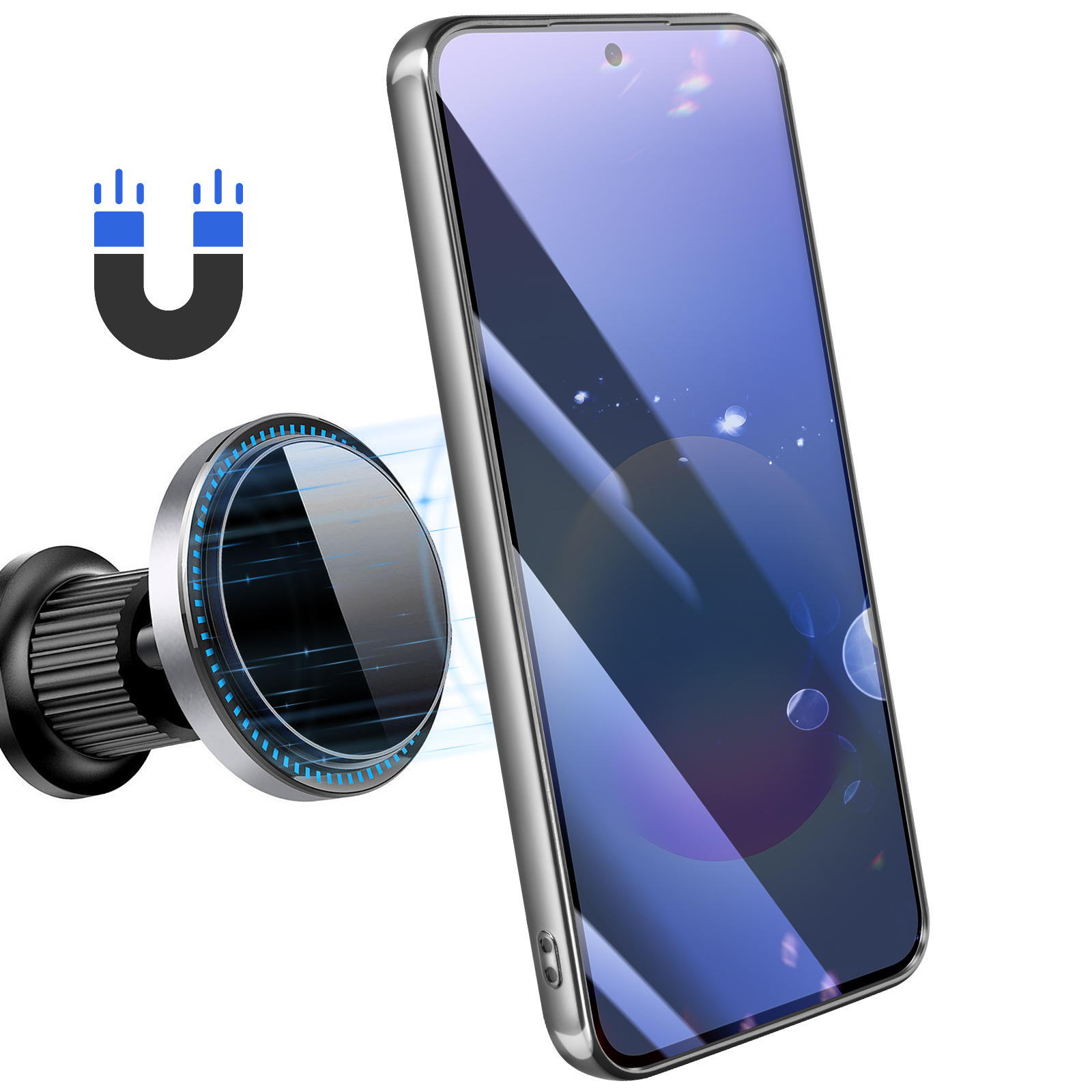 Magnetische telefoonhouder met zilveren smartphone op witte achtergrond.