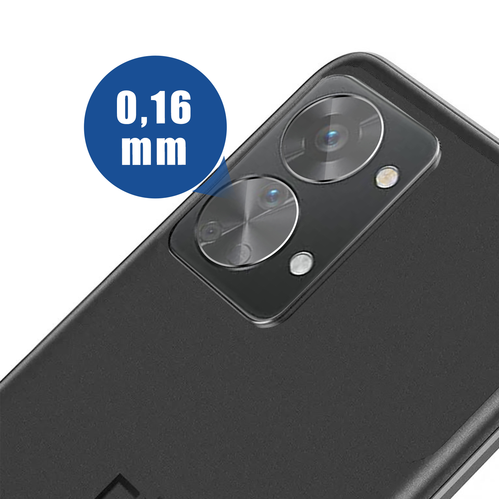 Primo piano del retro di un telefono nero con modulo fotocamera e un cerchio blu che indica 0,16 mm.