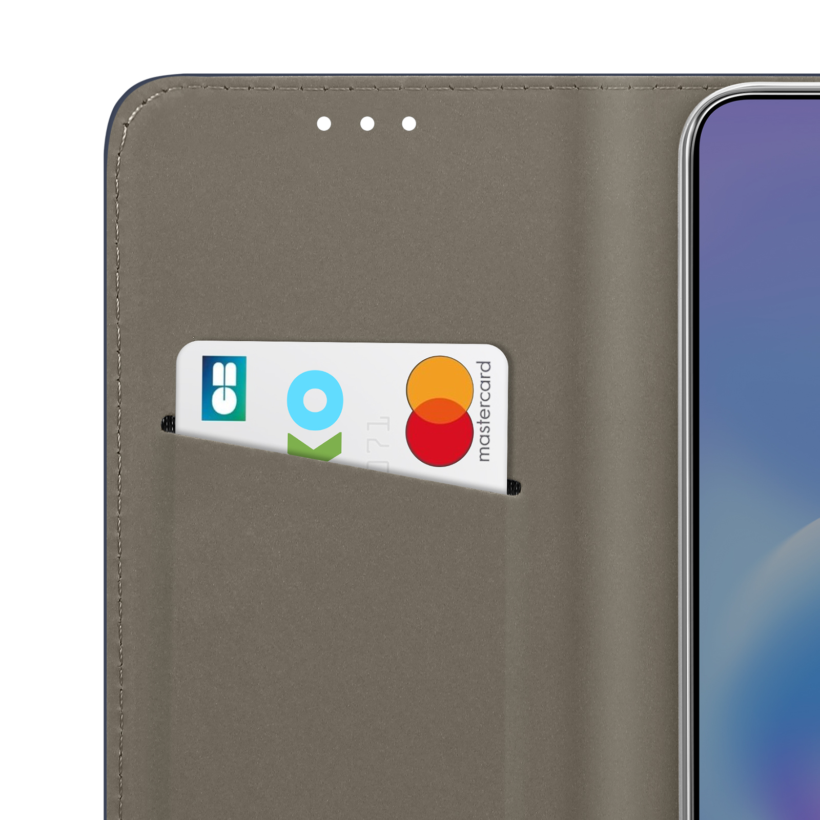 Een bruine telefoonhoes met een kaart en Mastercard-logo.