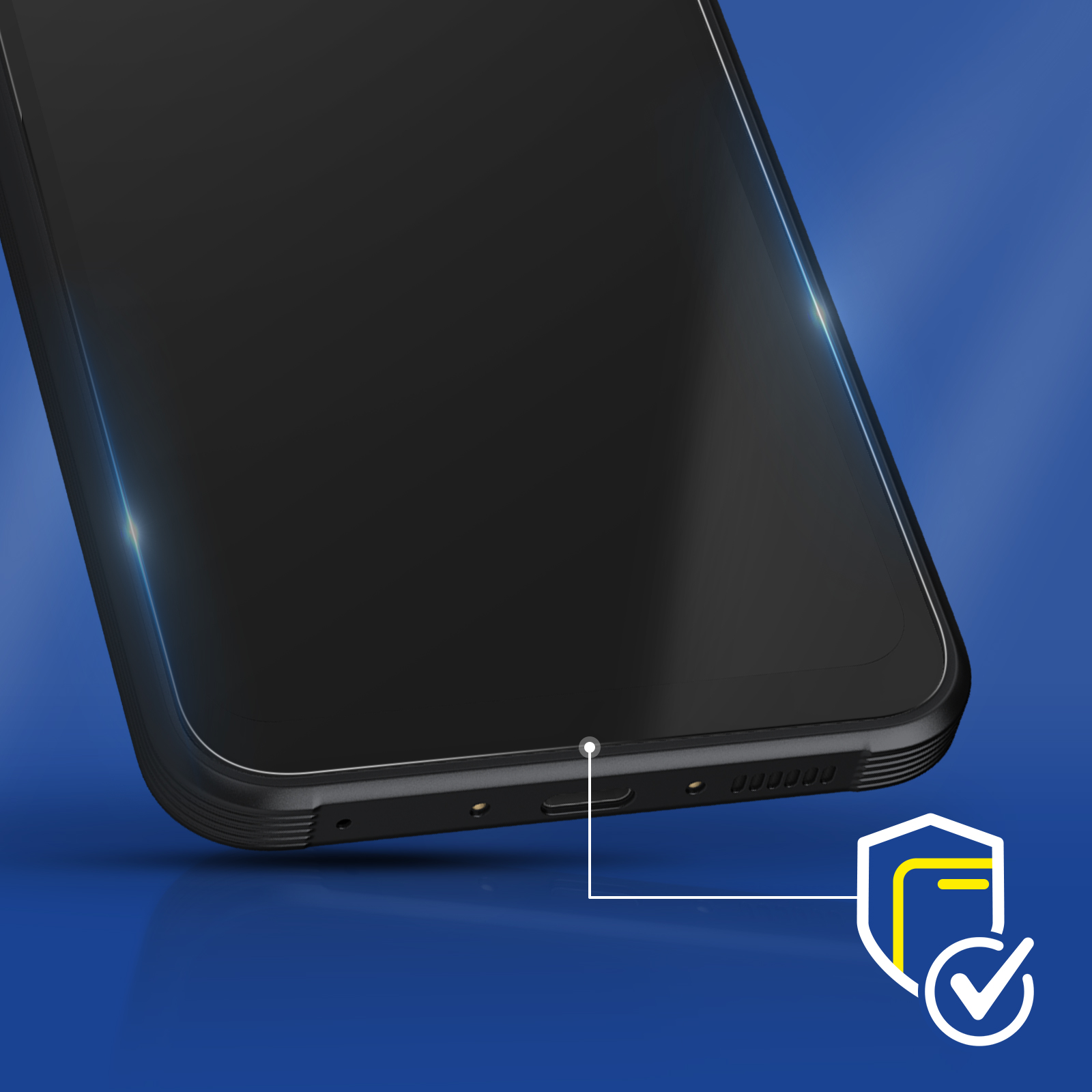 Primo piano di uno smartphone nero su sfondo blu, con icona di sicurezza.