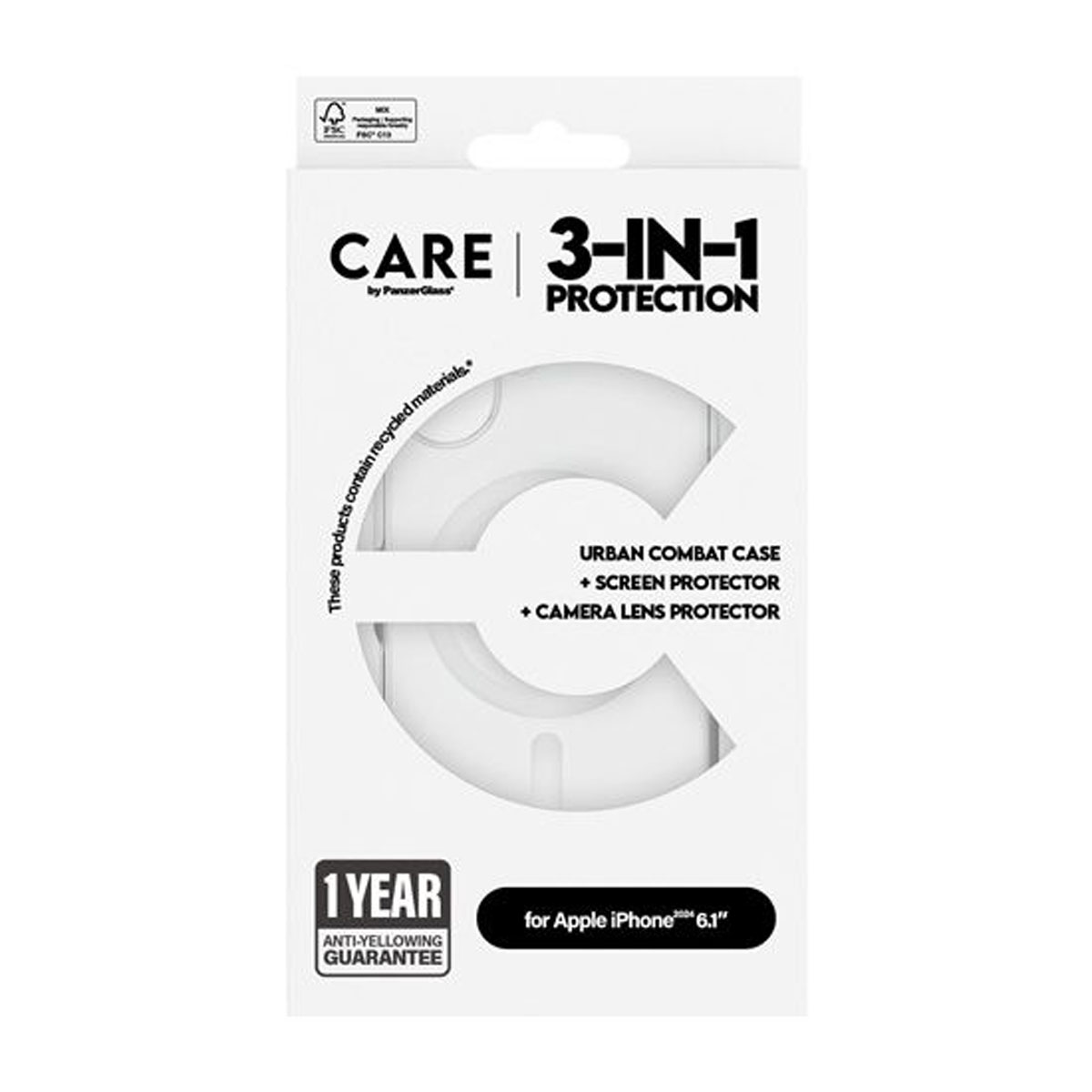 Confezione PanzerGlass CARE 3-IN-1: Custodia Urban Combat, protezione schermo e lente.