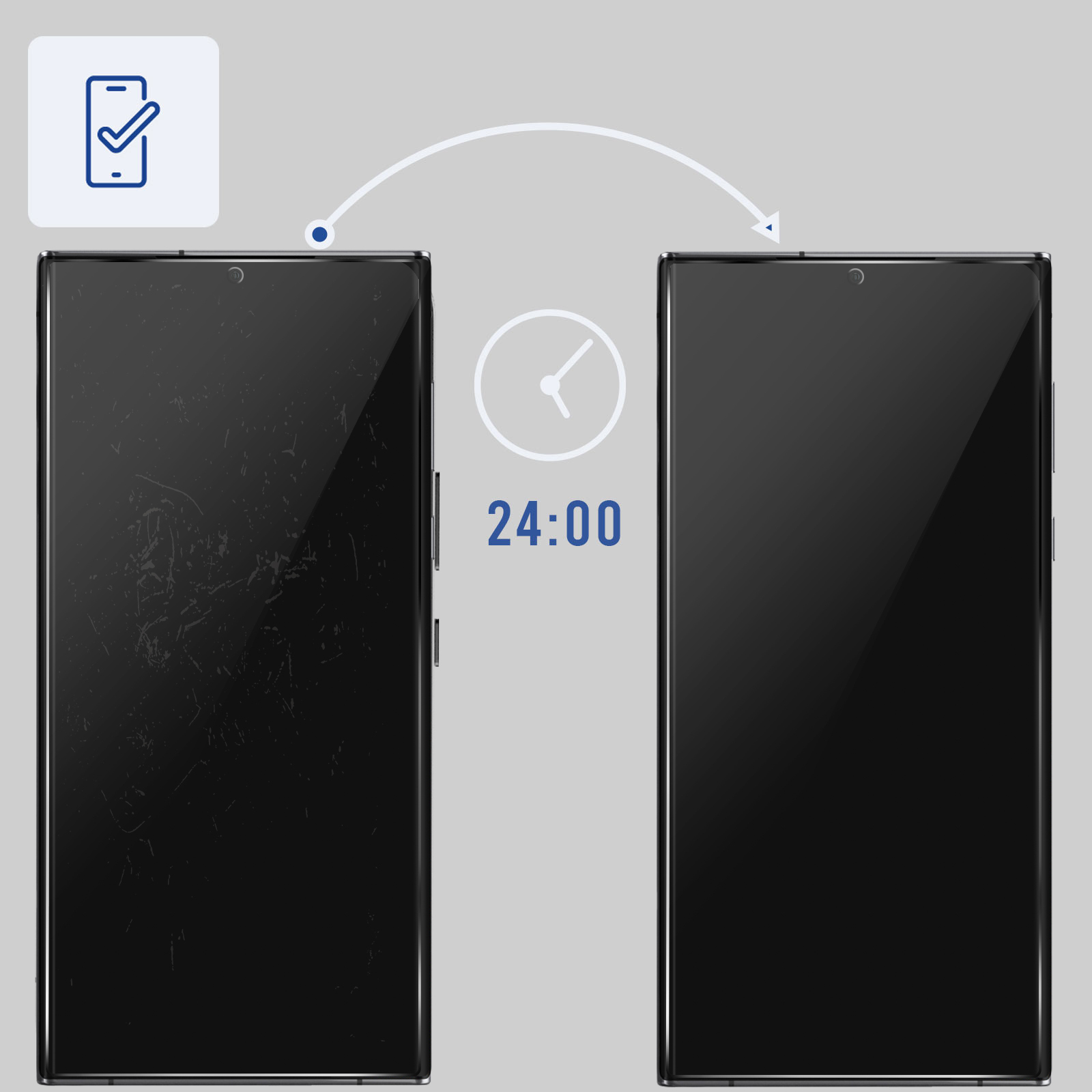 Deux smartphones côte à côte : gauche rayé, droite impeccable. Icône d'horloge et 24:00 affichés.