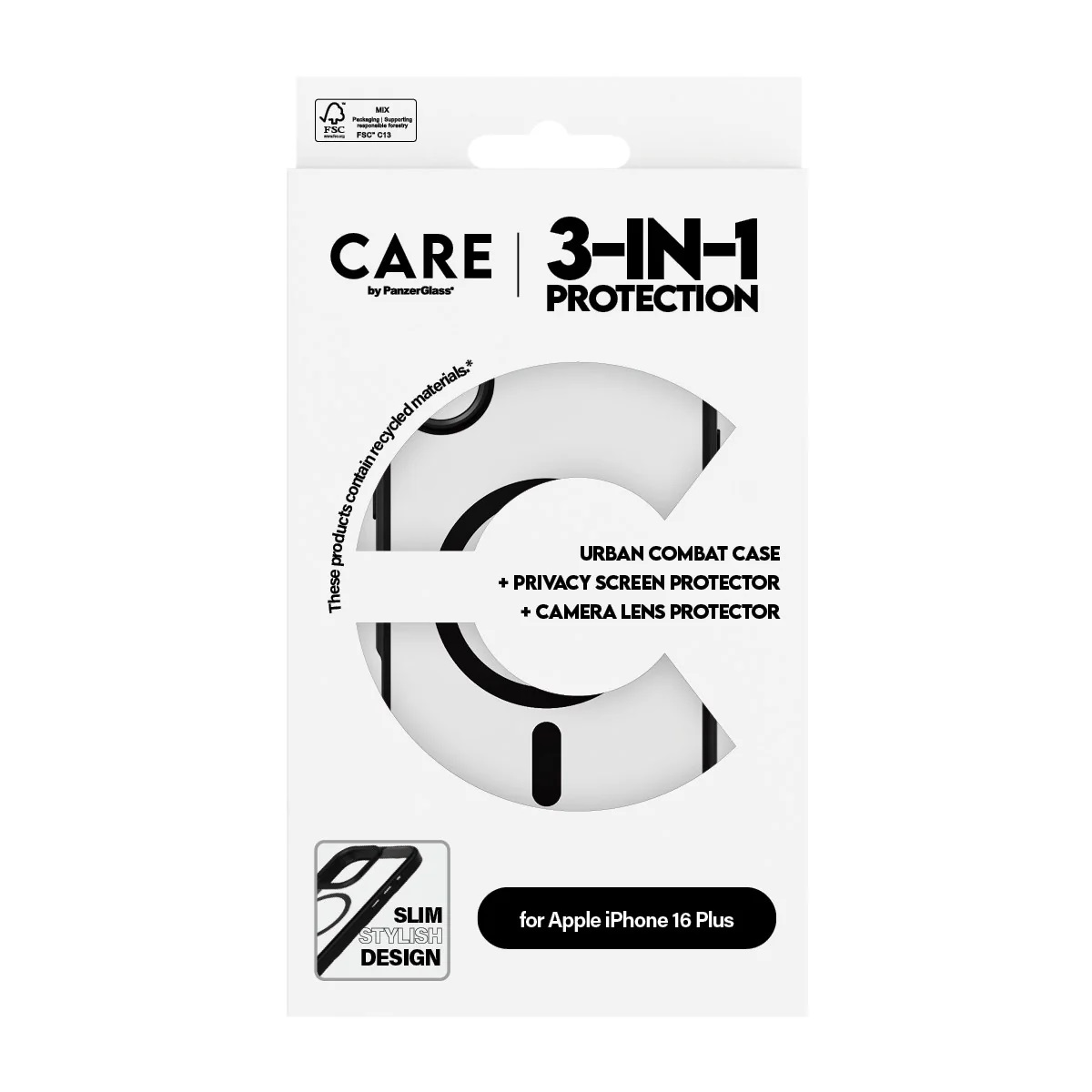 Confezione per set di protezione 3 in 1: custodia, schermo privacy, lente fotocamera. Per iPhone 16 Plus.