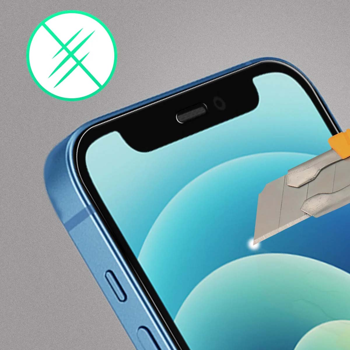 Un taglierino graffia lo schermo di uno smartphone blu; un cerchio con linee cancellate.