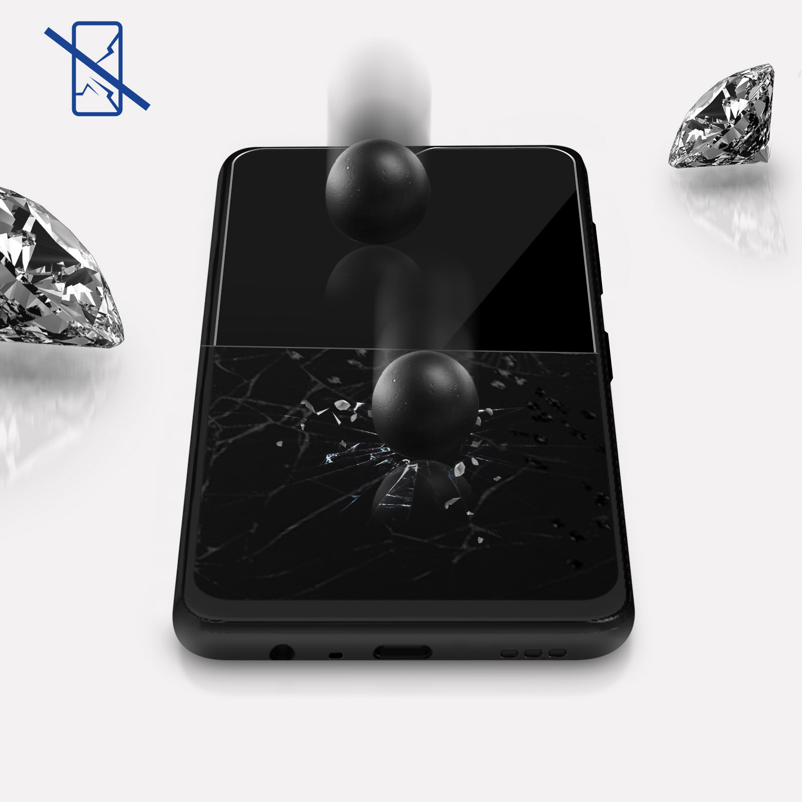 Una palla nera cade su uno smartphone rotto con diamanti.