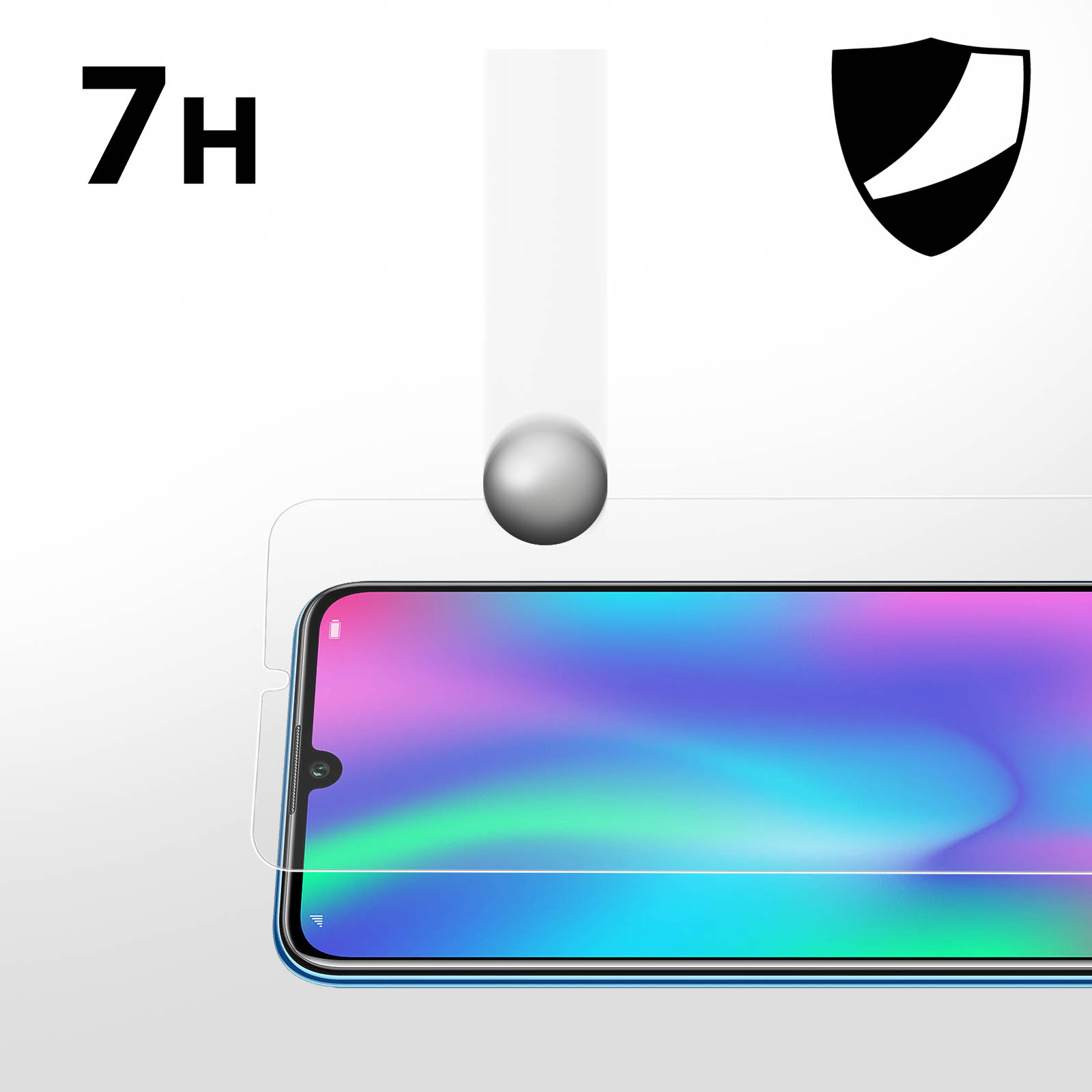 Una pallina argentata cade su uno smartphone con protezione schermo 7H.