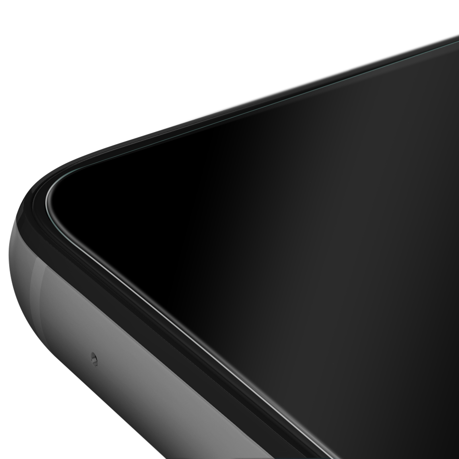 Gros plan d'un coin de smartphone noir avec protecteur d'écran.