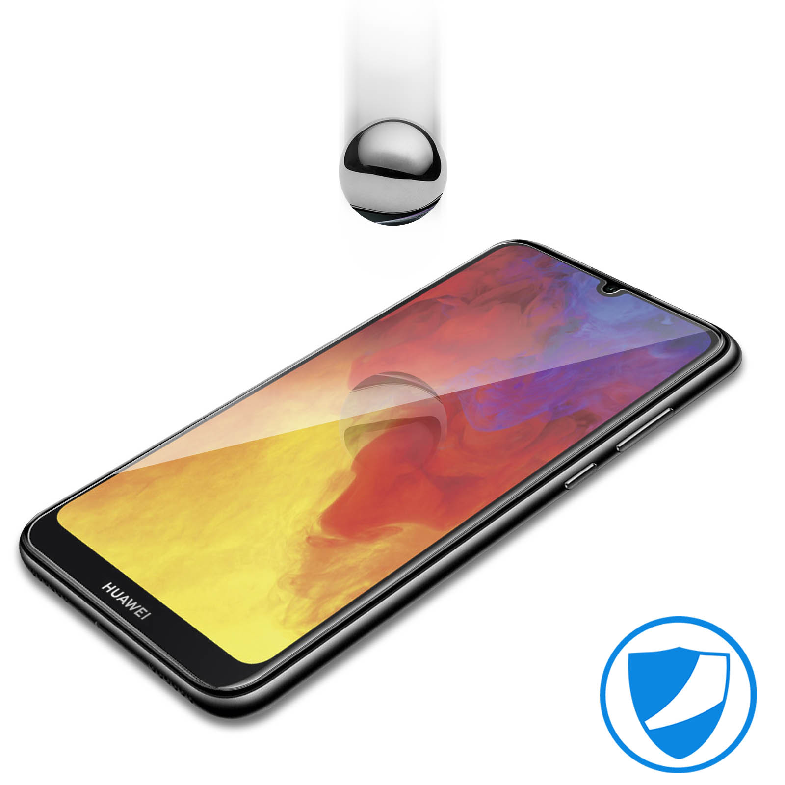 Una palla di metallo cade su uno smartphone Huawei con sfondo colorato.