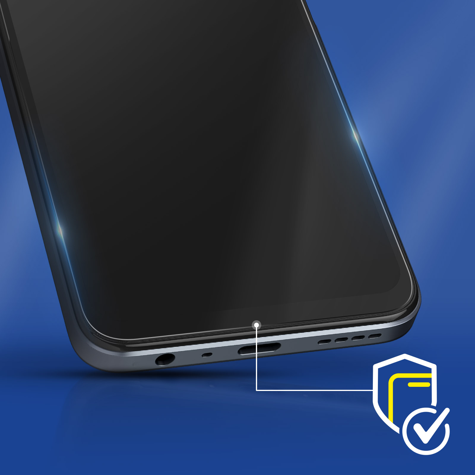 Close-up van de onderkant van een smartphone met poorten en een beschermingsicoon.