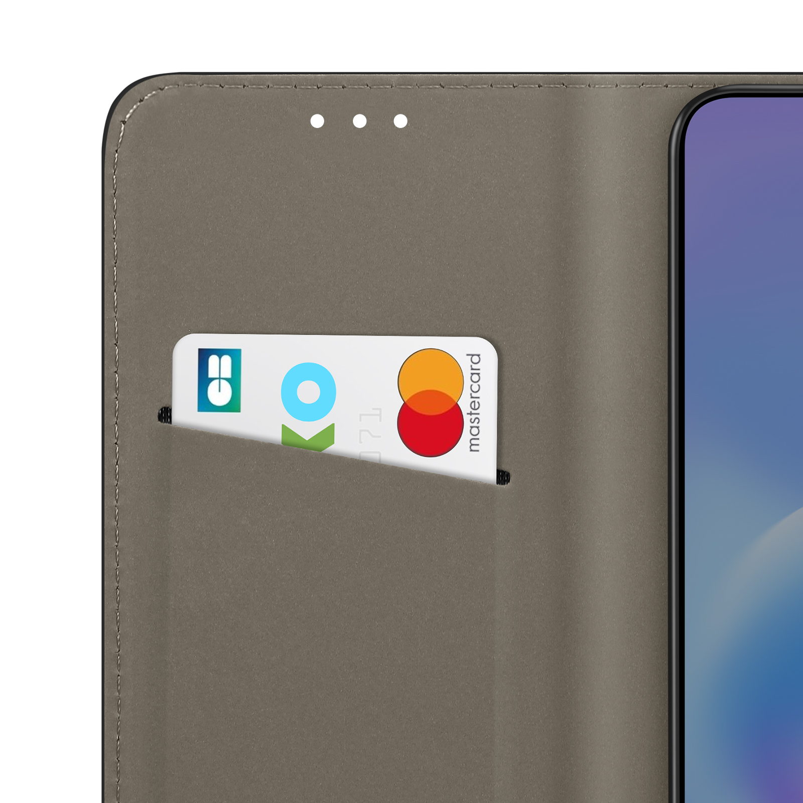 Étui de téléphone gris avec une carte affichant le logo Mastercard et d'autres icônes.