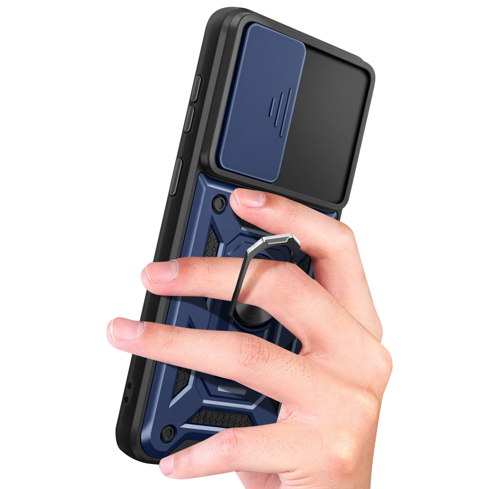 Une main tient un étui de téléphone bleu foncé avec un support anneau.