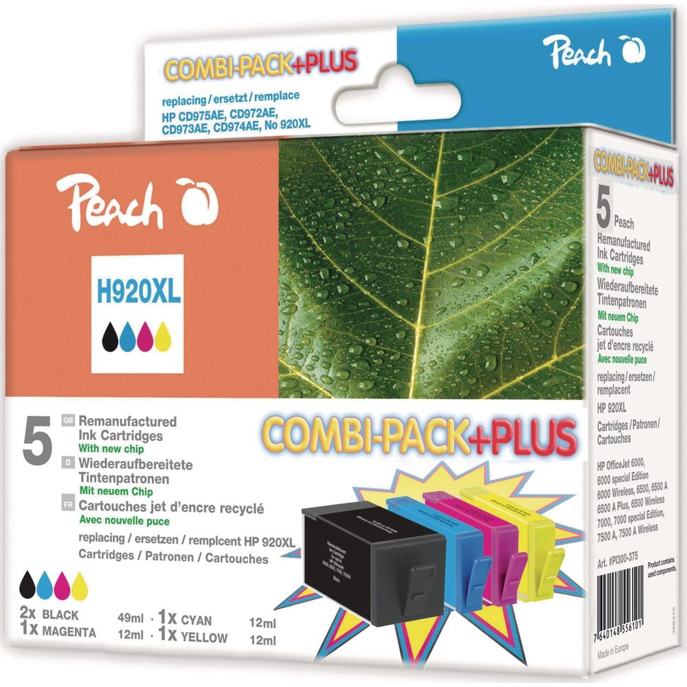 Cartucce d'inchiostro Peach H920XL Combi-Pack+PLUS con quattro cartucce su motivo foglia.