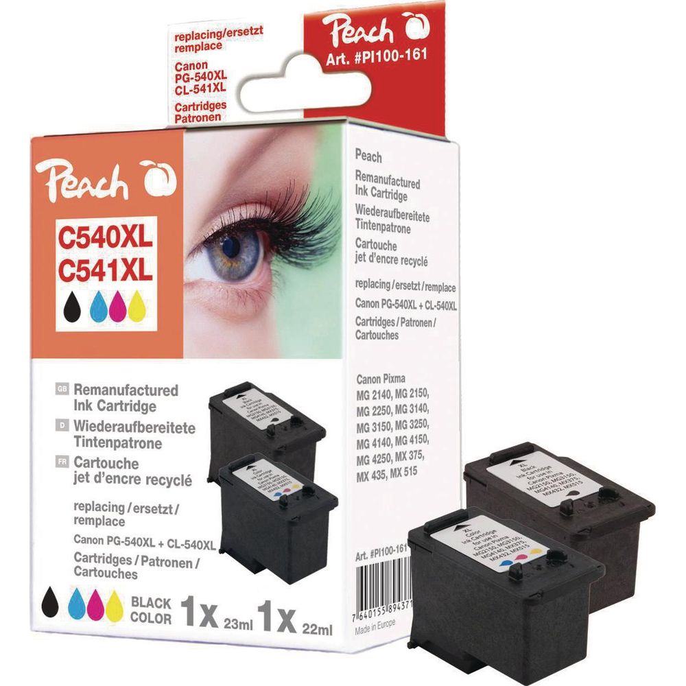 Cartucce d'inchiostro Peach per Canon PG-540XL/CL-541XL, 2 cartucce, Made in Europe.