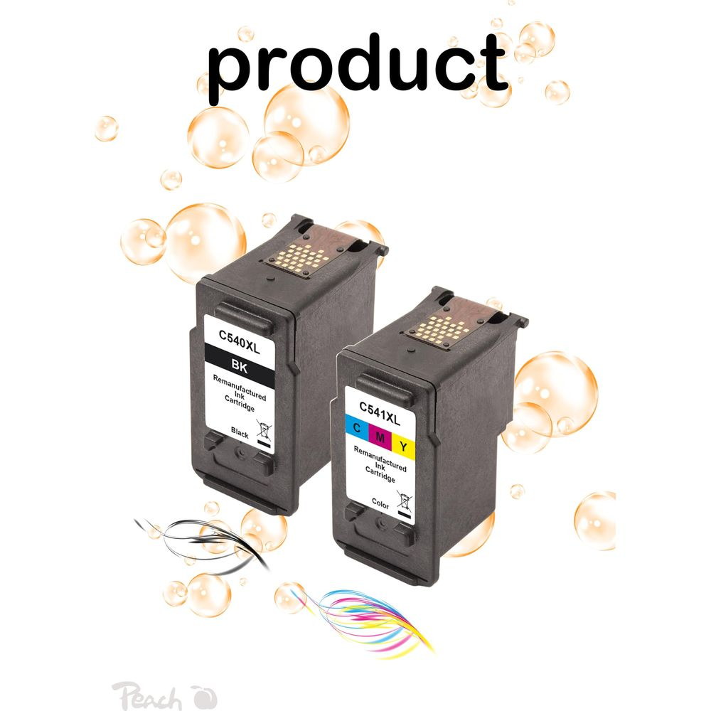 Due cartucce d'inchiostro, una nera e una a colori, con bolle e la parola 'product'.