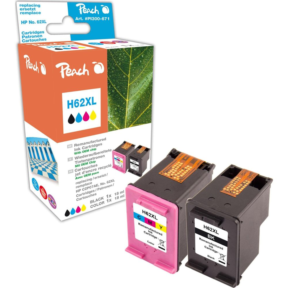 Cartucce d'inchiostro Peach H62XL: una cartuccia nera, una colorata accanto alla confezione.