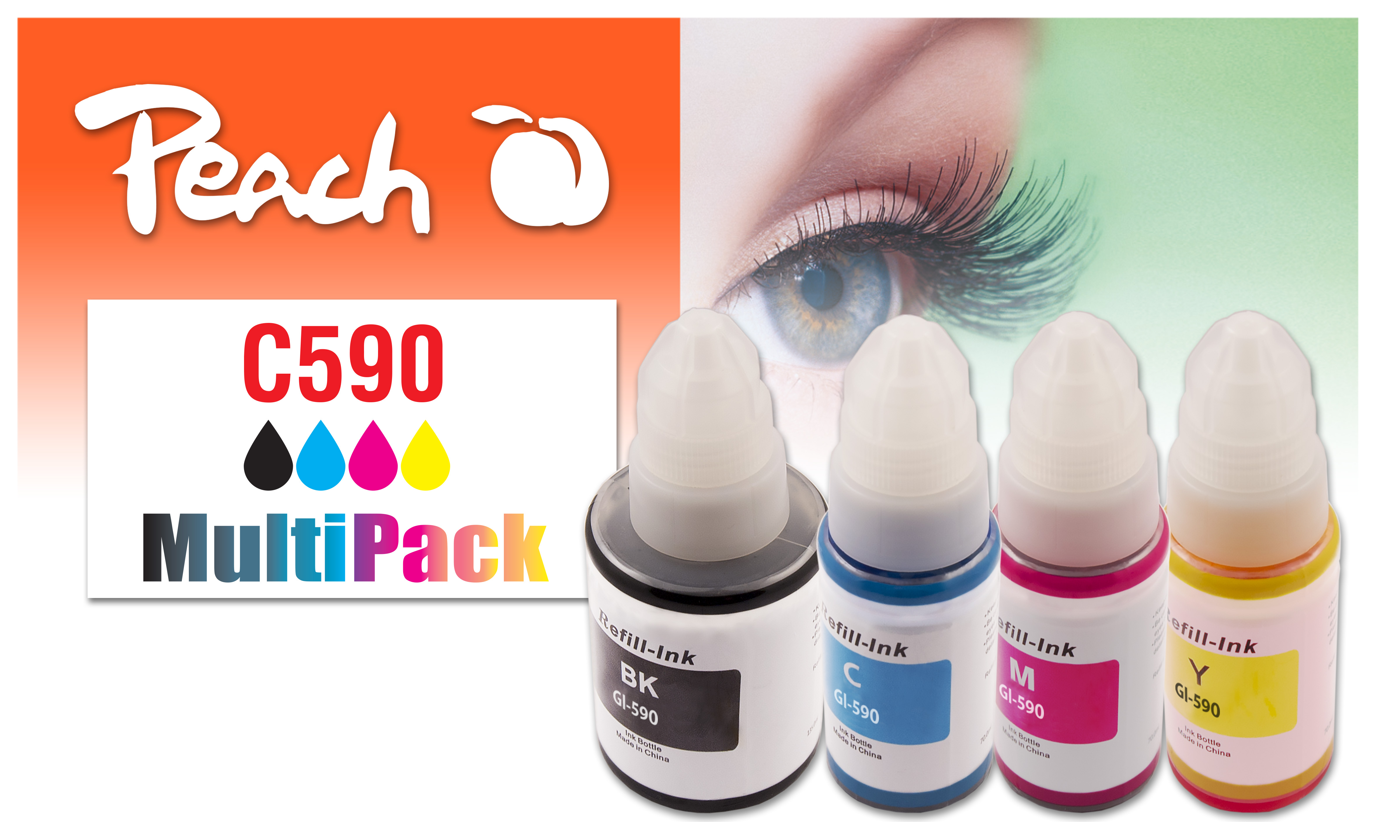 Quattro flaconi d'inchiostro (Nero, Ciano, Magenta, Giallo) accanto a un occhio e 'Peach C590 MultiPack'