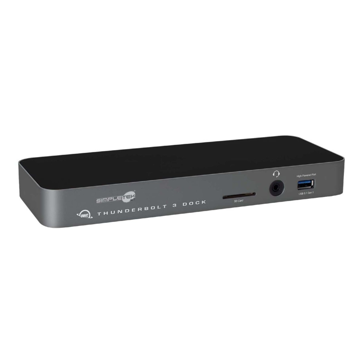 Un dock Thunderbolt 3 argentato con porte, lettore di schede SD e jack per cuffie.