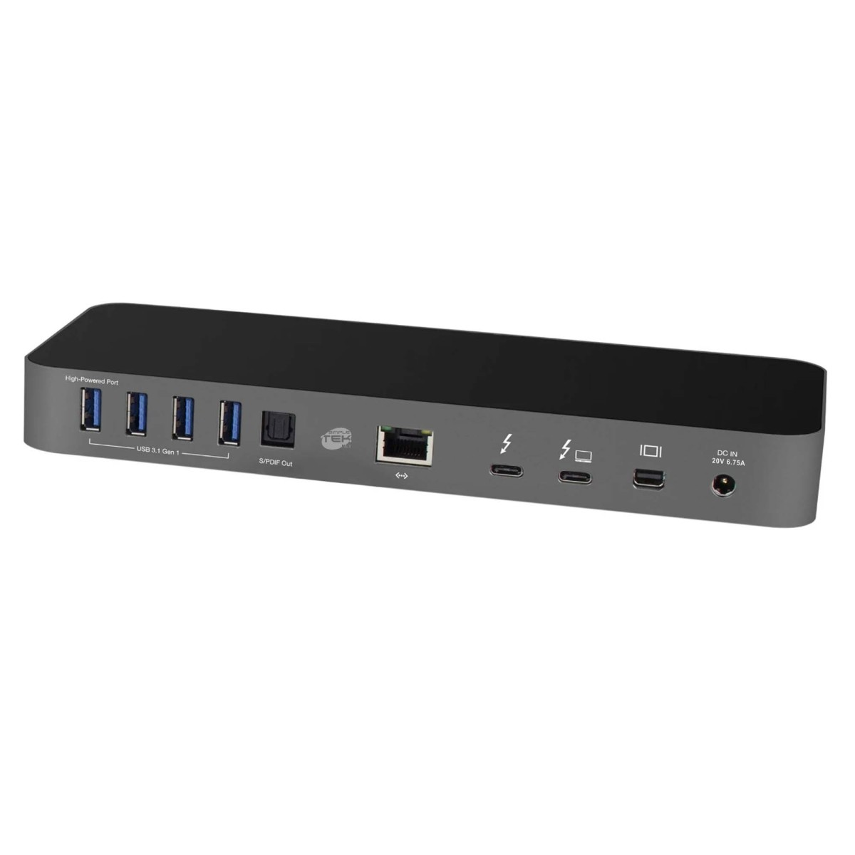 Una docking station scura con porte USB, S/PDIF, Ethernet, Thunderbolt e di alimentazione.