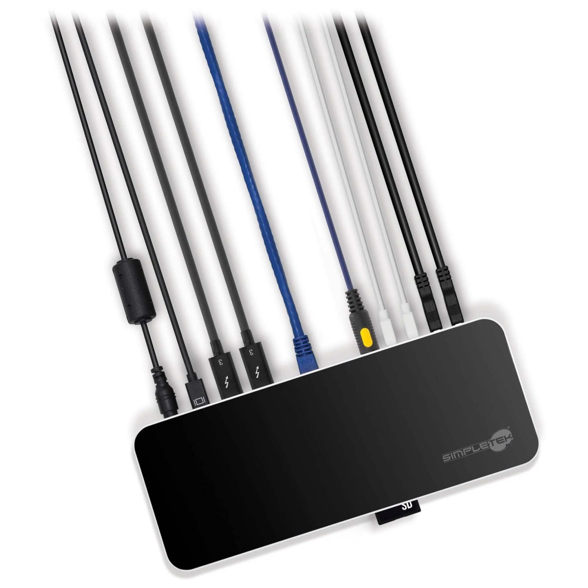 Hub USB-C nero con cavi collegati: nero, blu, bianco e giallo.
