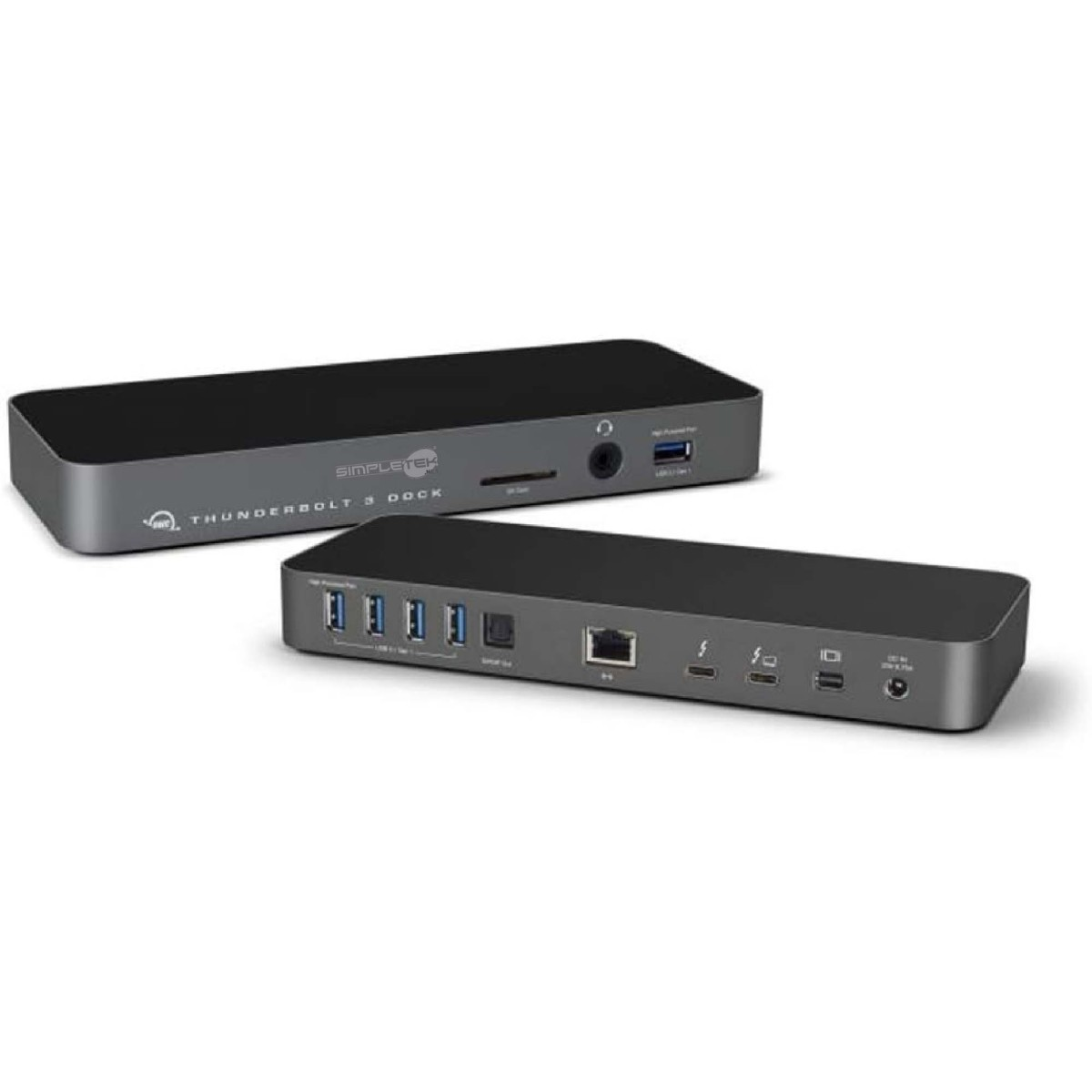Due dock Thunderbolt 3 grigi su sfondo bianco. Un dock è in primo piano, mostra le porte.