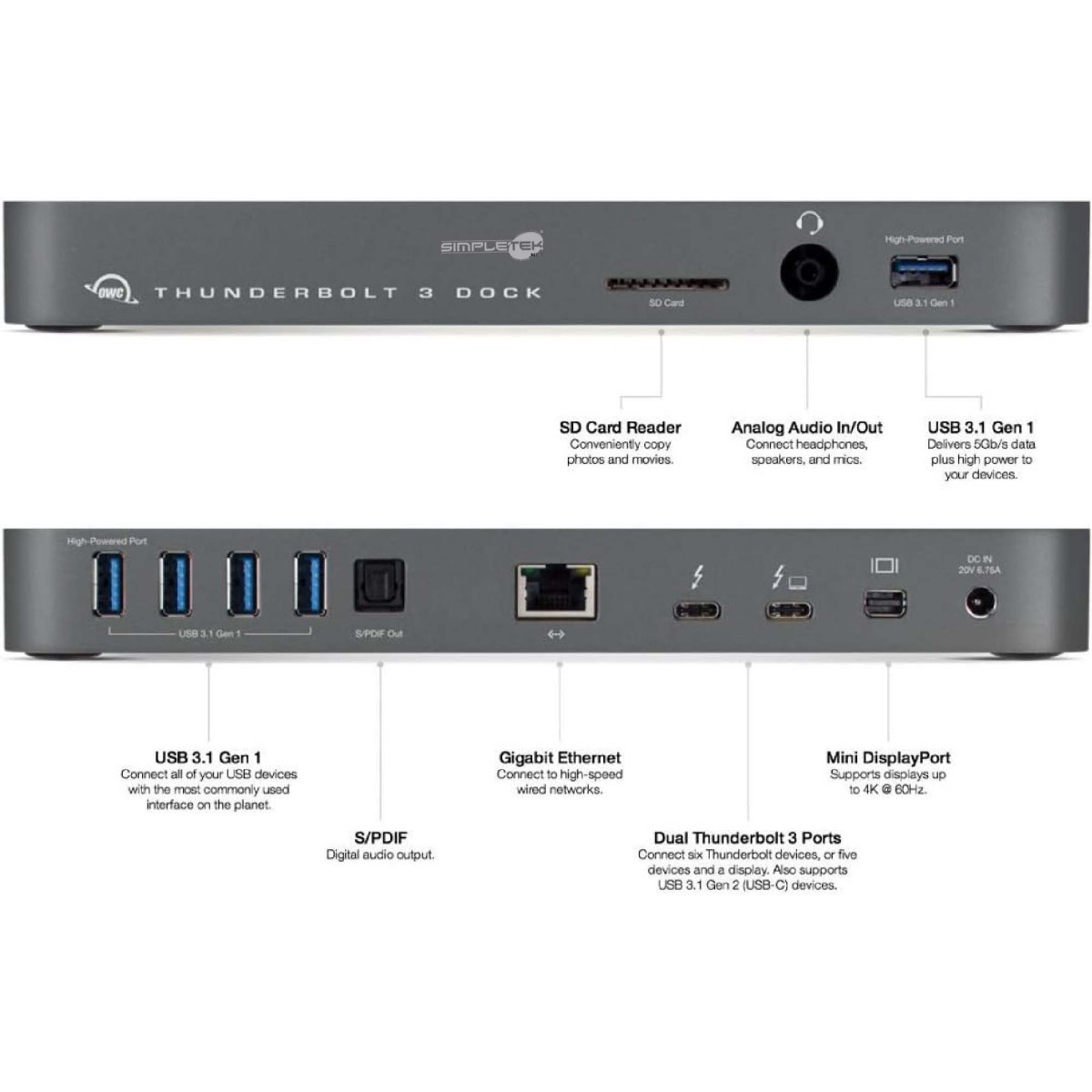 Un dock OWC Thunderbolt 3 grigio con porte: USB, lettore schede SD, audio, Ethernet, DisplayPort, alimentazione.