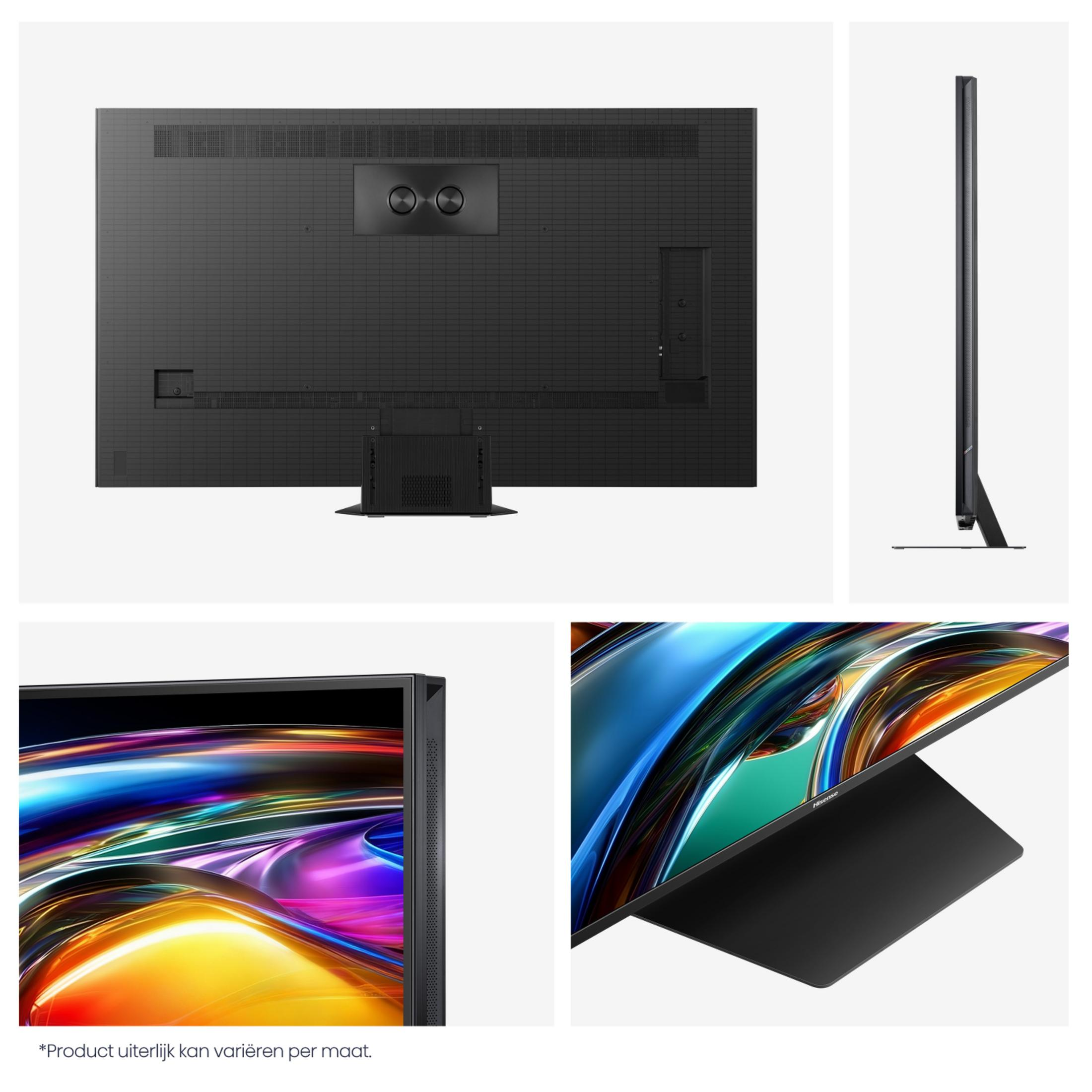 Vista posteriore e laterale di una TV nera con sfondo astratto colorato.