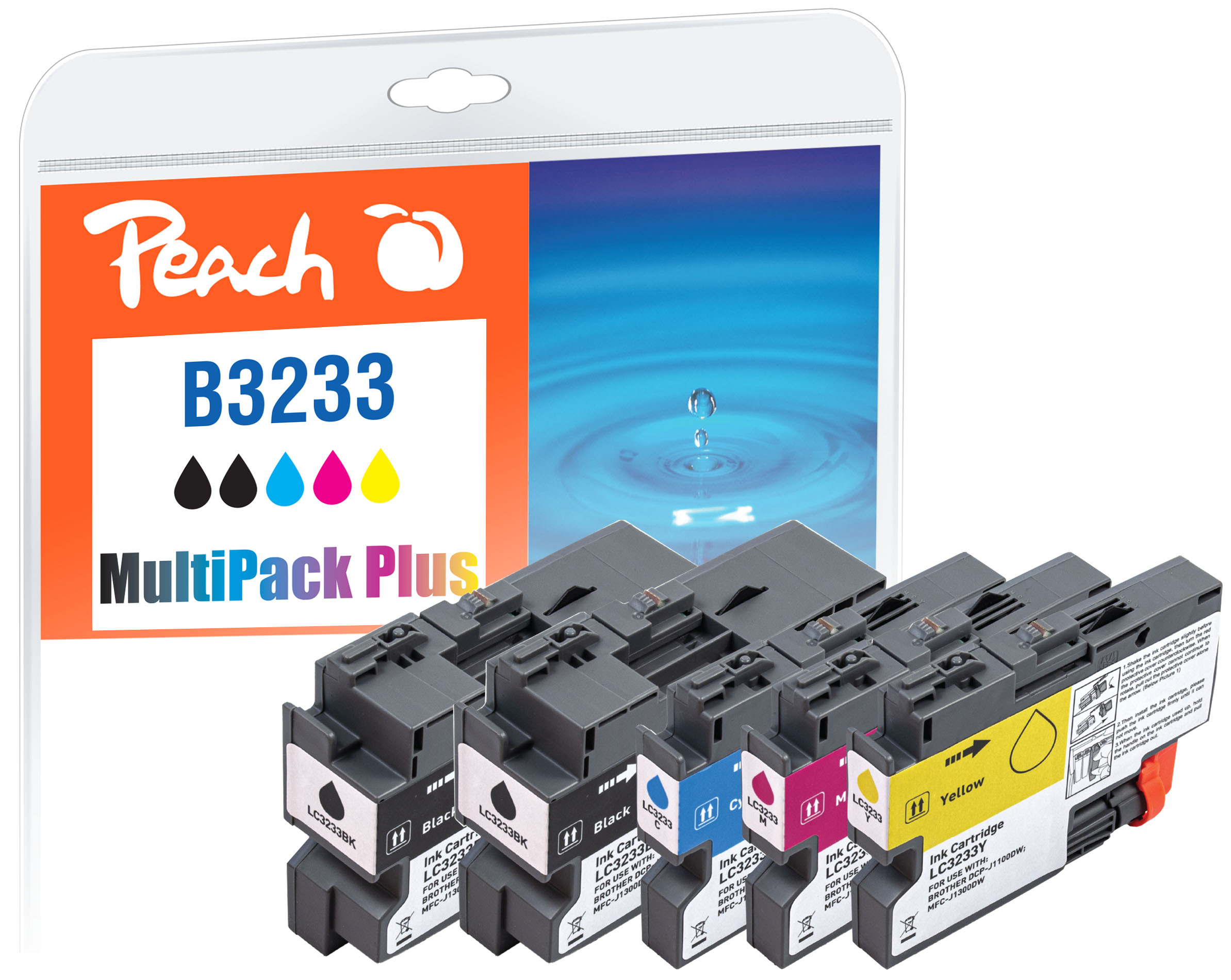 Cartucce d'inchiostro Peach B3233 MultiPack Plus: nero, ciano, magenta, giallo.