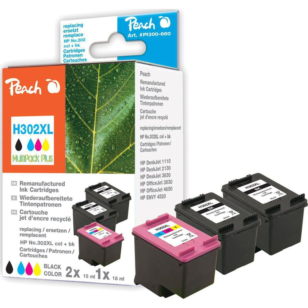 Confezione multipack cartucce d'inchiostro Peach H302XL. Include 2 nere e 1 colore.